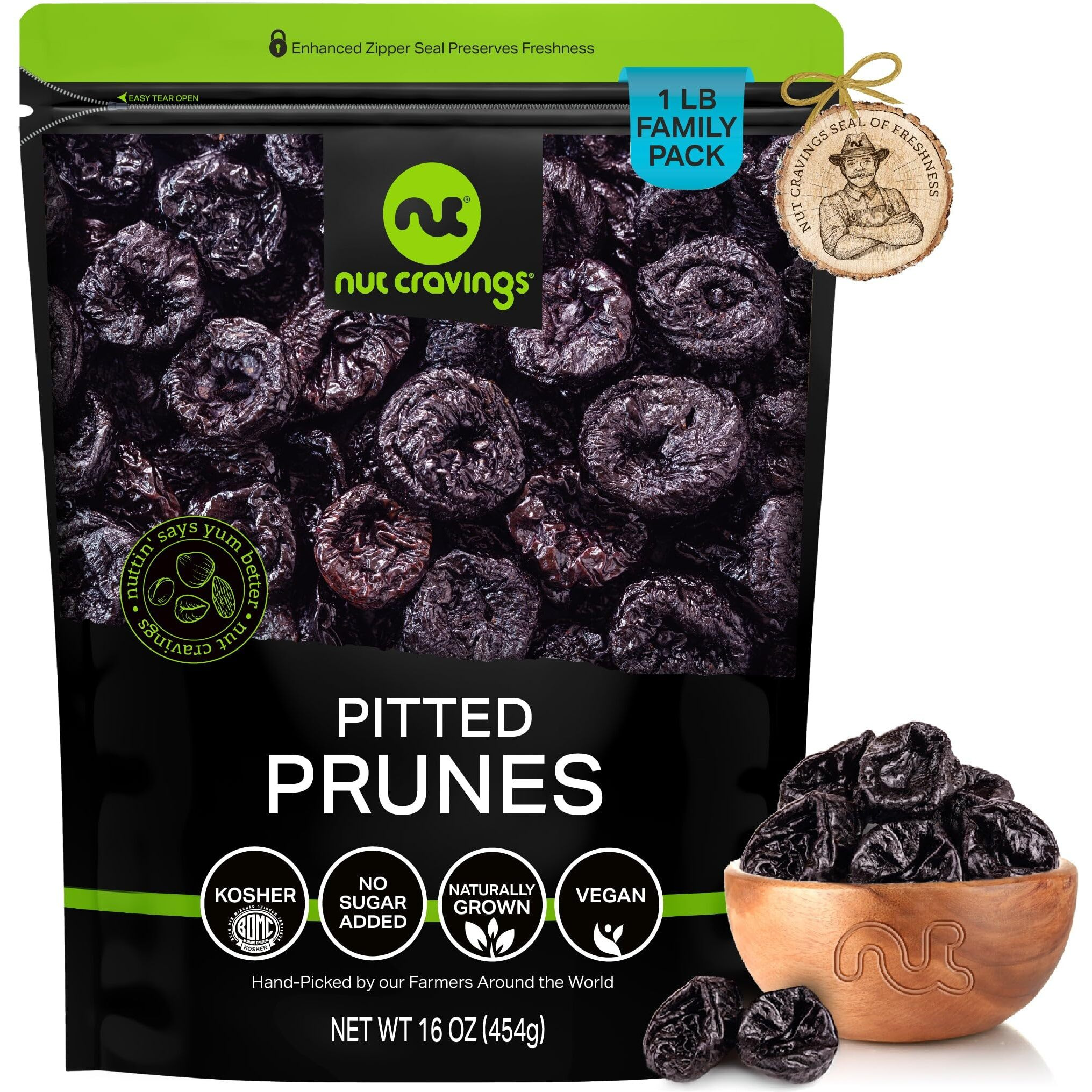 Nut Cravings Dry Fruits - Dried Prunes Pitted Unsweetened, Dry Plums No Sugar Added (16Oz - 1 Lb) Packed Fresh In Resealable Bag - Sweet Snack, Healthy Food, Naturally Grown, Vegan, Kosher Certified