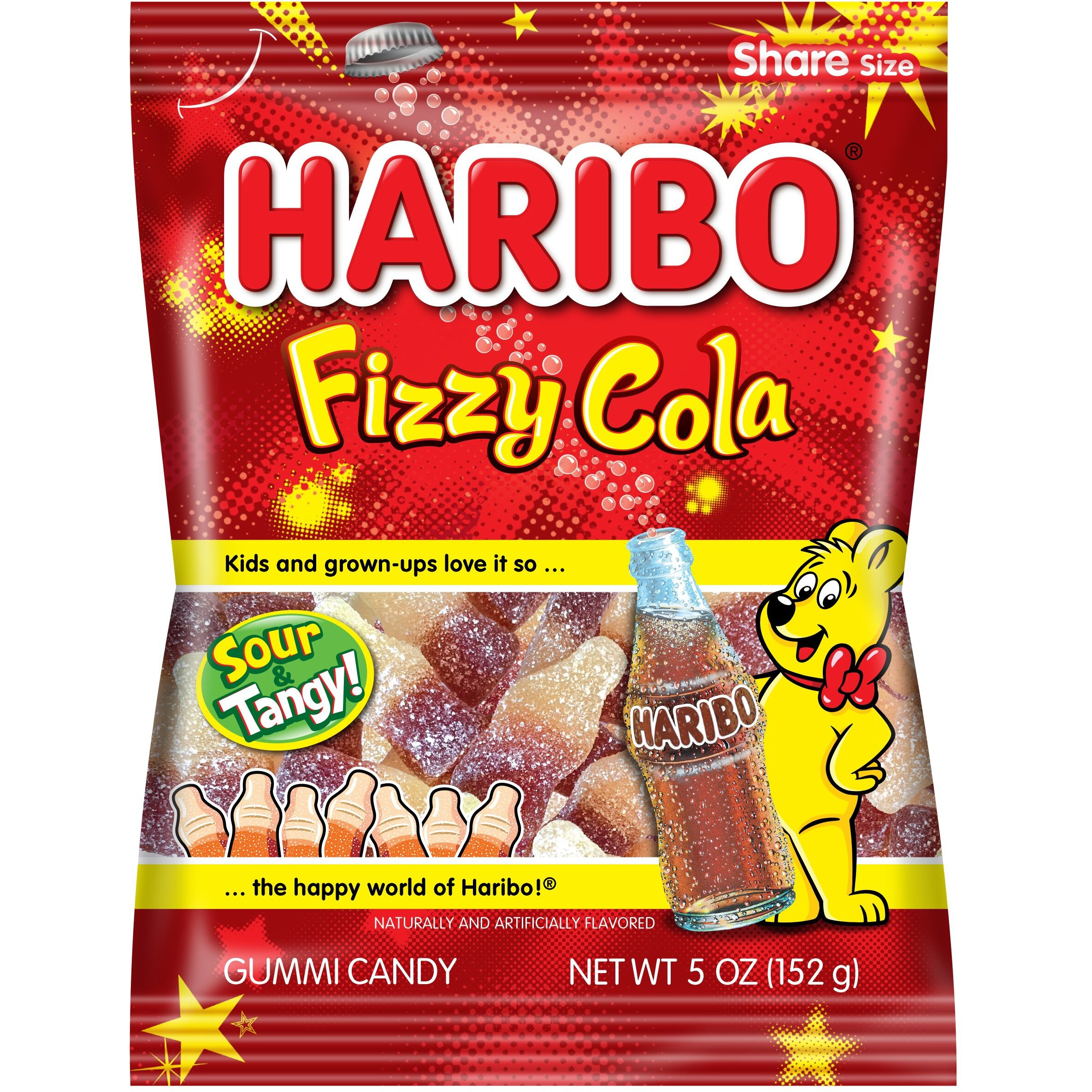 Haribo Gummi Candy, Fizzy-Cola Gummy Candy Soda Bottles, 5 Ounce Share Size Bags (Pack Of 12) Delicious Soft & Chewy Sweet Snacks, Sour & Tangy Cola Flavor