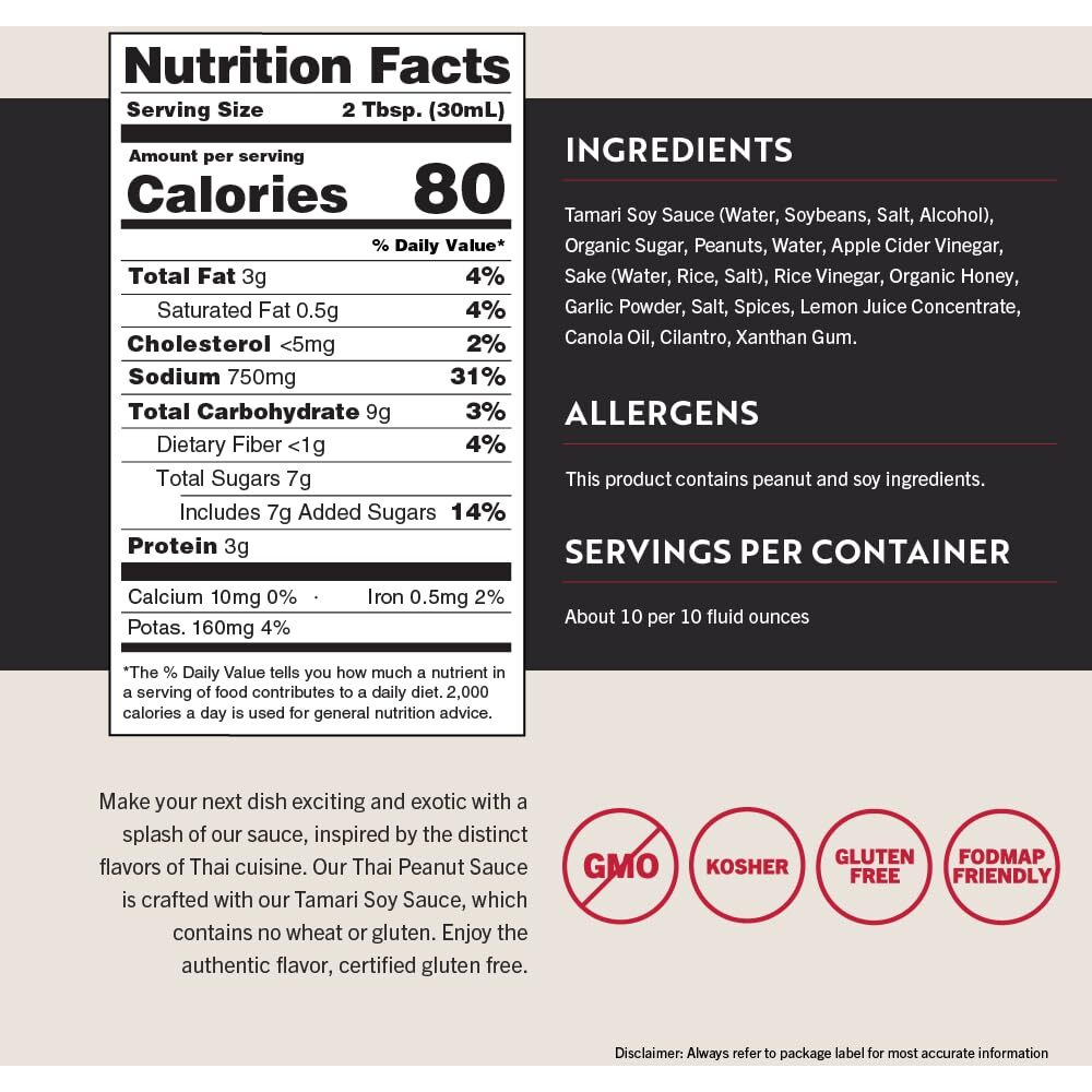 San-J - Gluten Free Thai Peanut Sauce -Traditional And Tasty Cooking Sauce - Non-Gmo - 10 Oz. Bottle