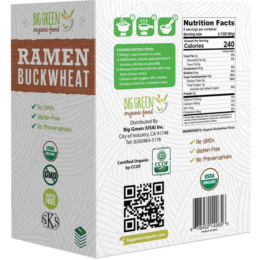 Big Green Organic Food- Organic Buckwheat Ramen, 10.5Oz, 100% Buckwheat, Gluten-Free, Non-Gmo, Vegan (5)