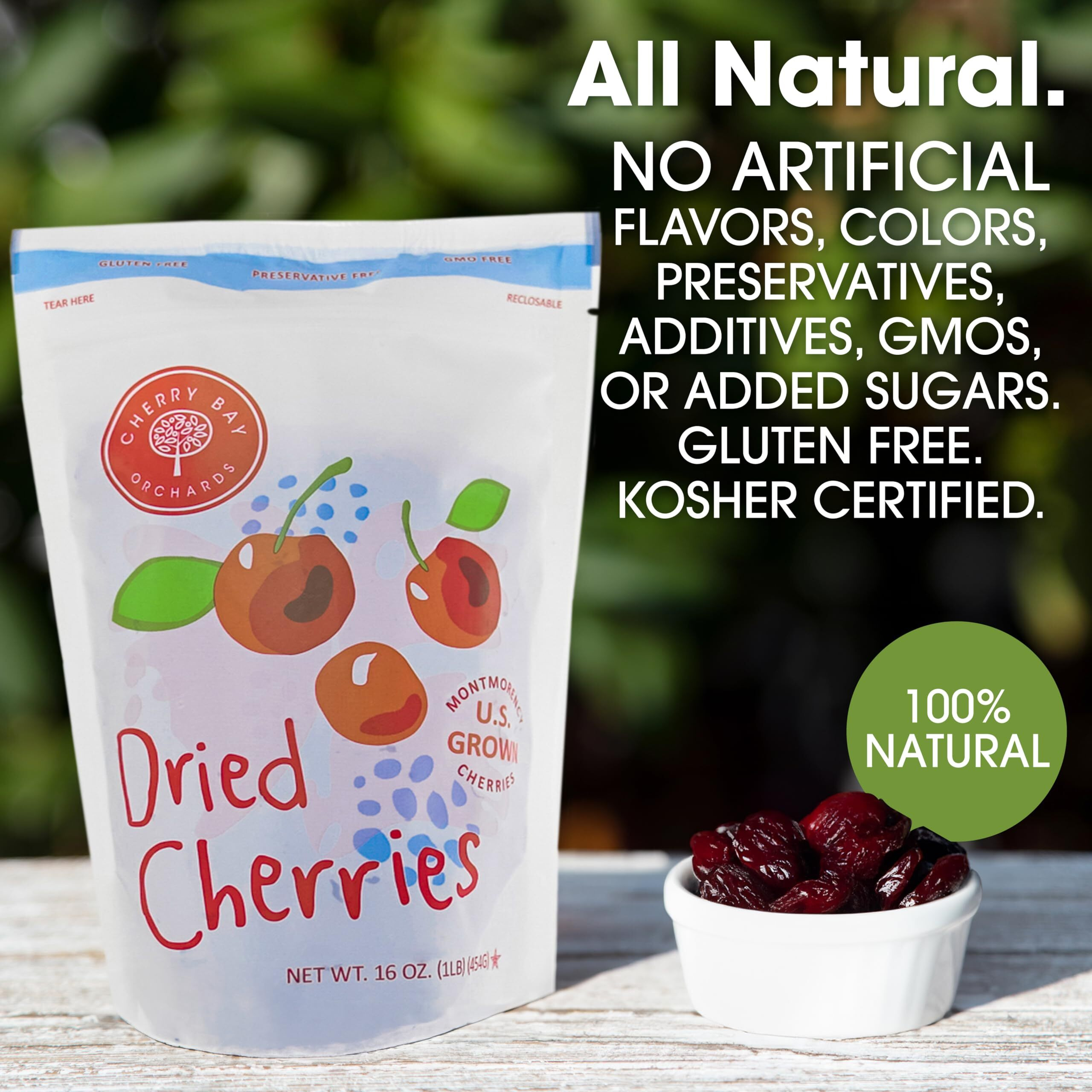 Cherry Bay Orchards - Dried Montmorency Tart Cherries - Pack Of Two 16 Oz Bags (32Oz Total) - 100% Domestic, Natural, Kosher Certified, Gluten-Free, And Gmo Free - Packed In A Resealable Pouch