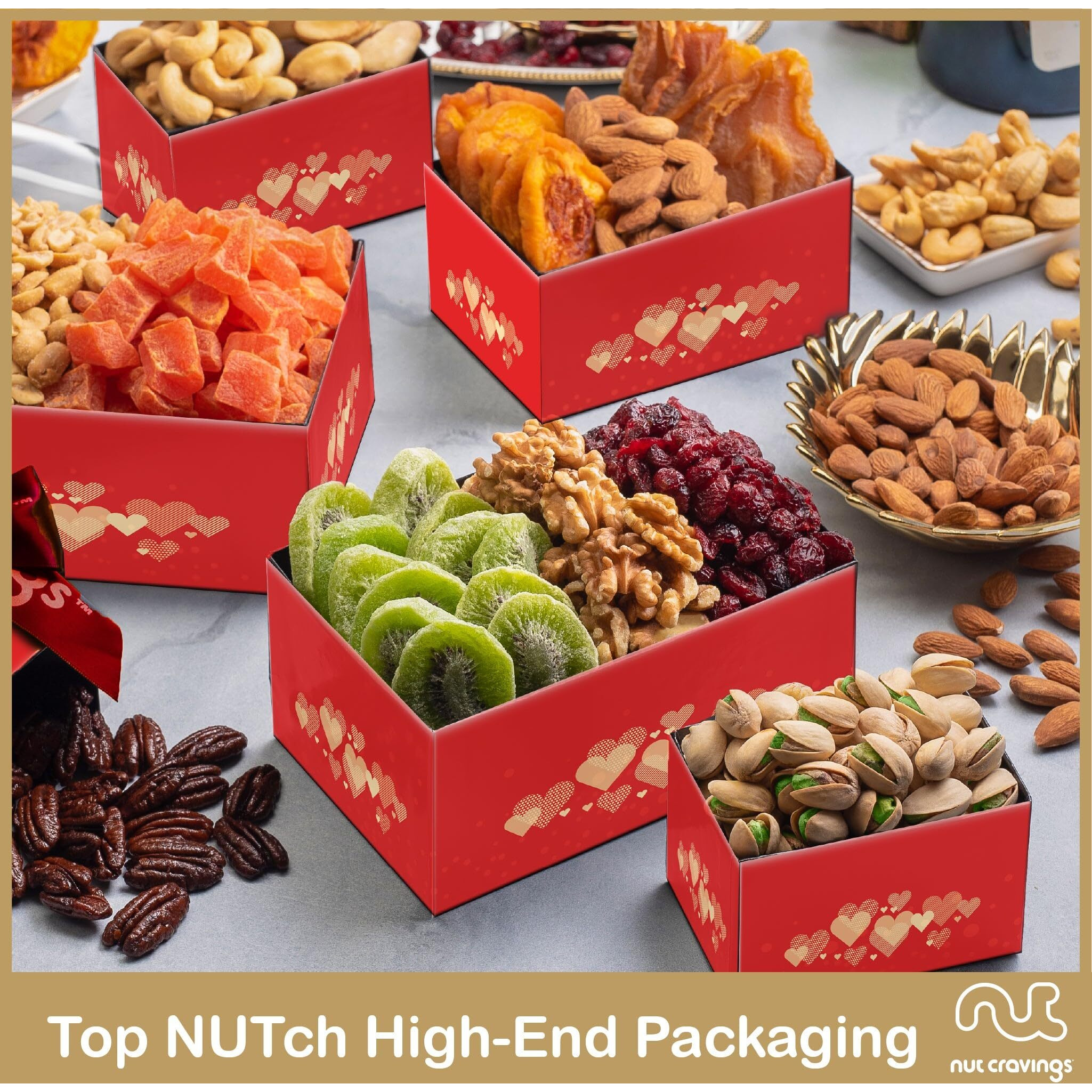 Nut Cravings Fathers Day Gourmet Dad Treats - Dried Fruit & Mixed Nuts Gift Basket Red Tower + Heart Ribbon (12 Assortments) Food Arrangement, Healthy Snack Care Package, Kosher