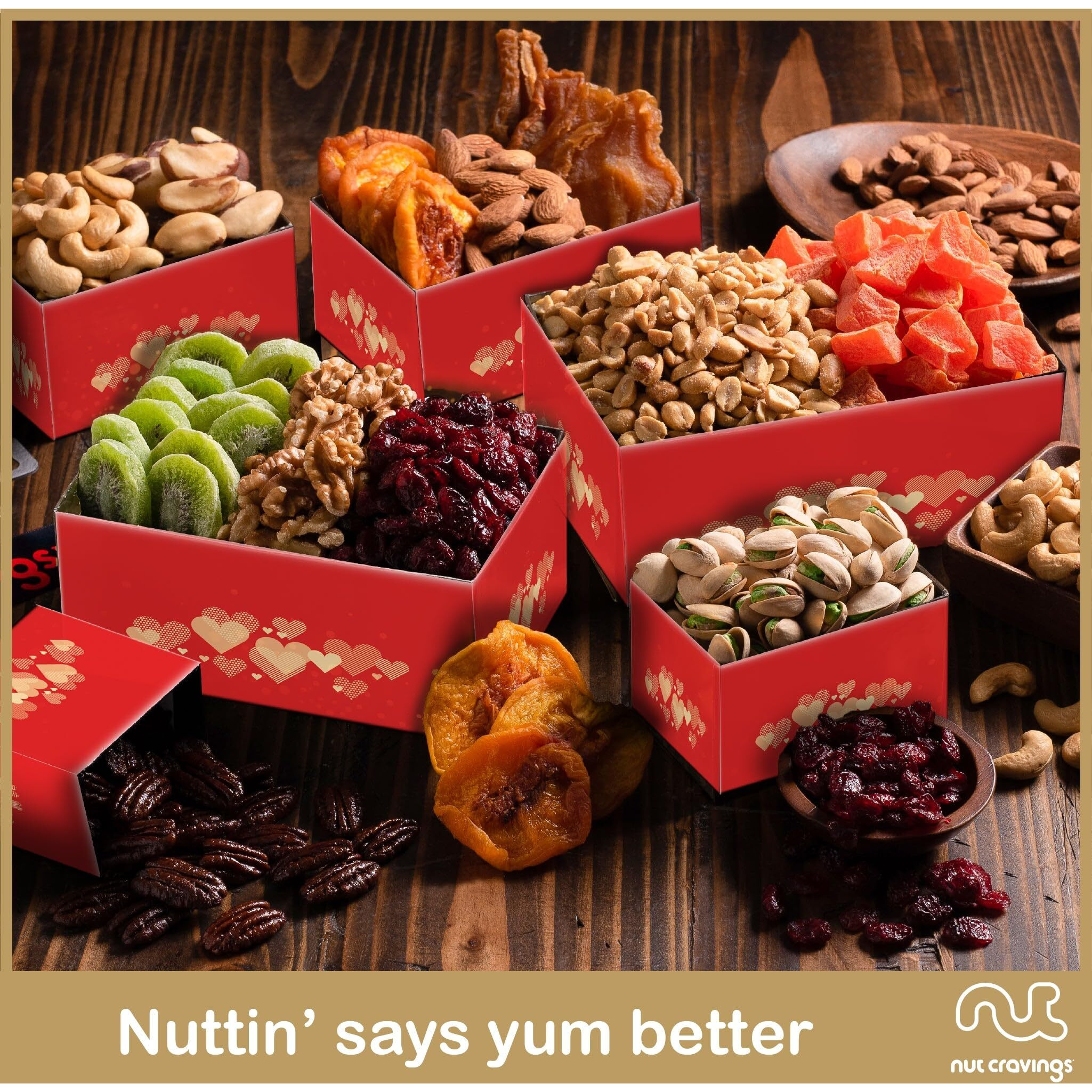 Nut Cravings Fathers Day Gourmet Dad Treats - Dried Fruit & Mixed Nuts Gift Basket Red Tower + Heart Ribbon (12 Assortments) Food Arrangement, Healthy Snack Care Package, Kosher
