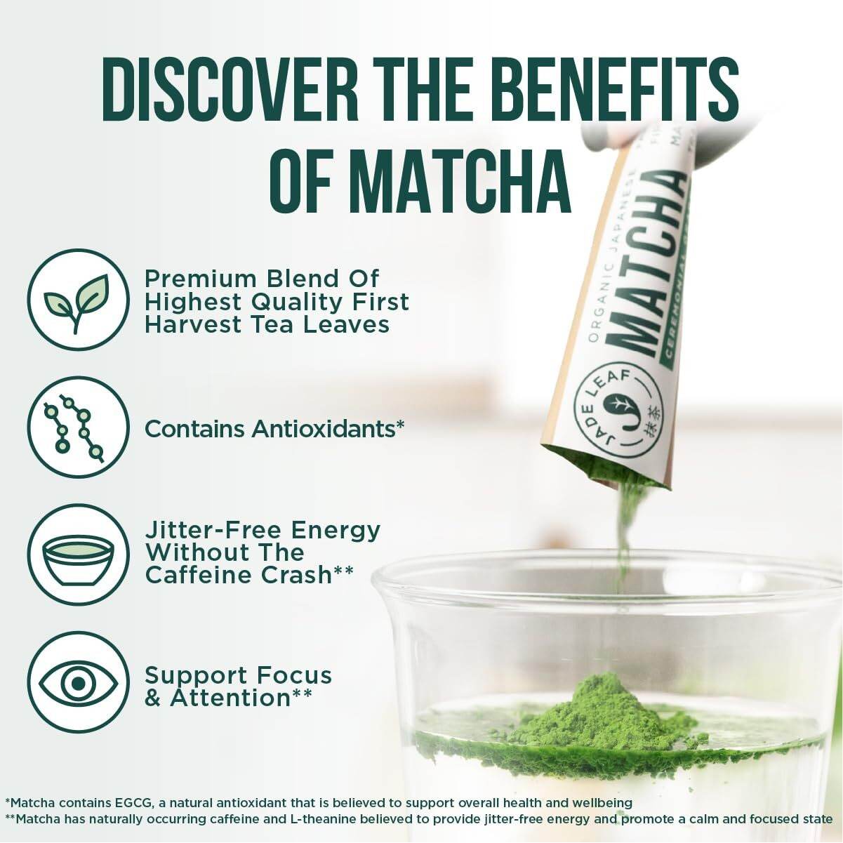 Jade Leaf Matcha Organic Ceremonial Grade Green Tea Powder - Farm Direct First Harvest - Single Serve Stick Packs - Authentic Japanese Origin (10 Count Single Serve Stick Pack Pouch)