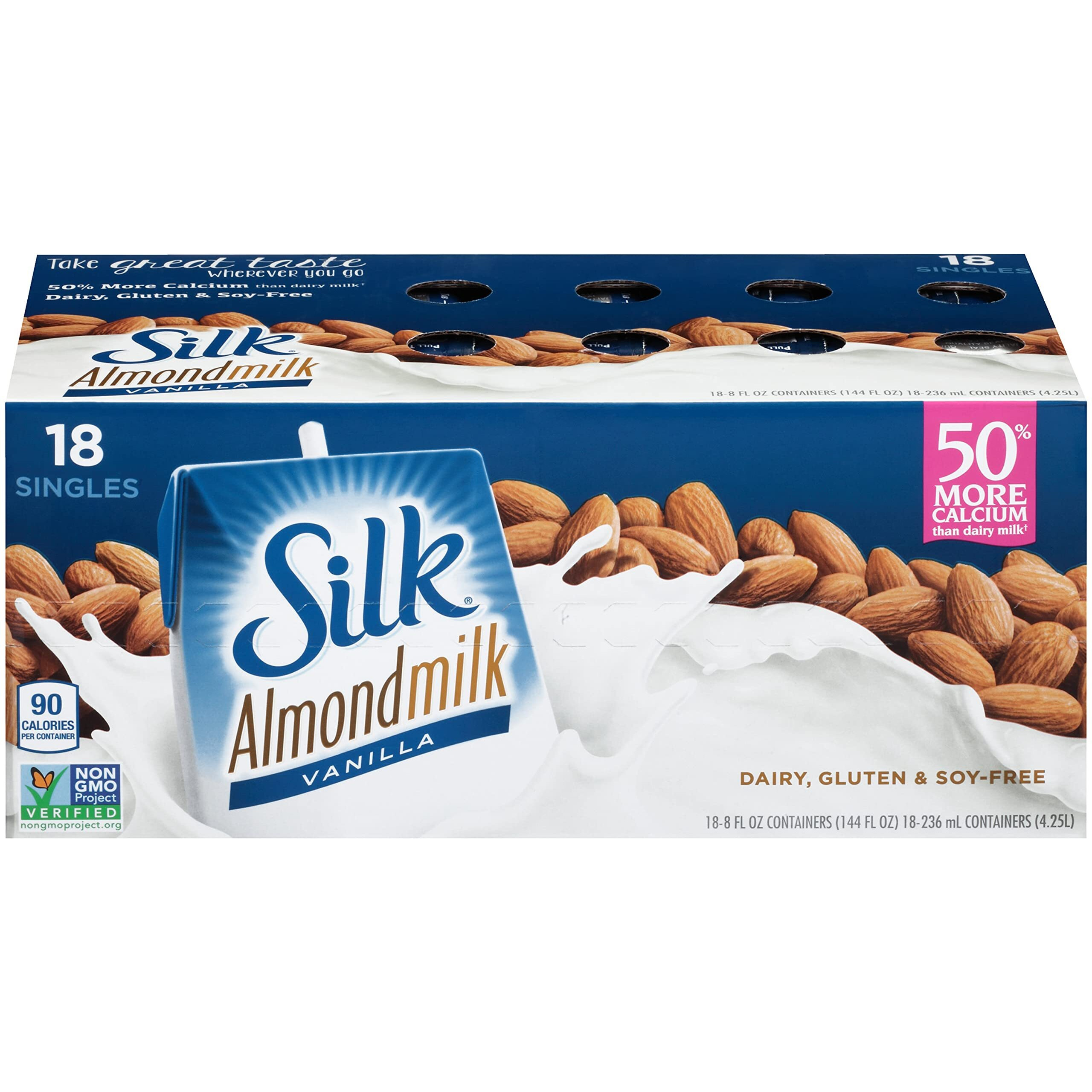 Silk Shelf-Stable Almond Milk Singles, Vanilla, Dairy-Free, Vegan, Non-Gmo Project Verified, 8 Oz, (Pack Of 18)