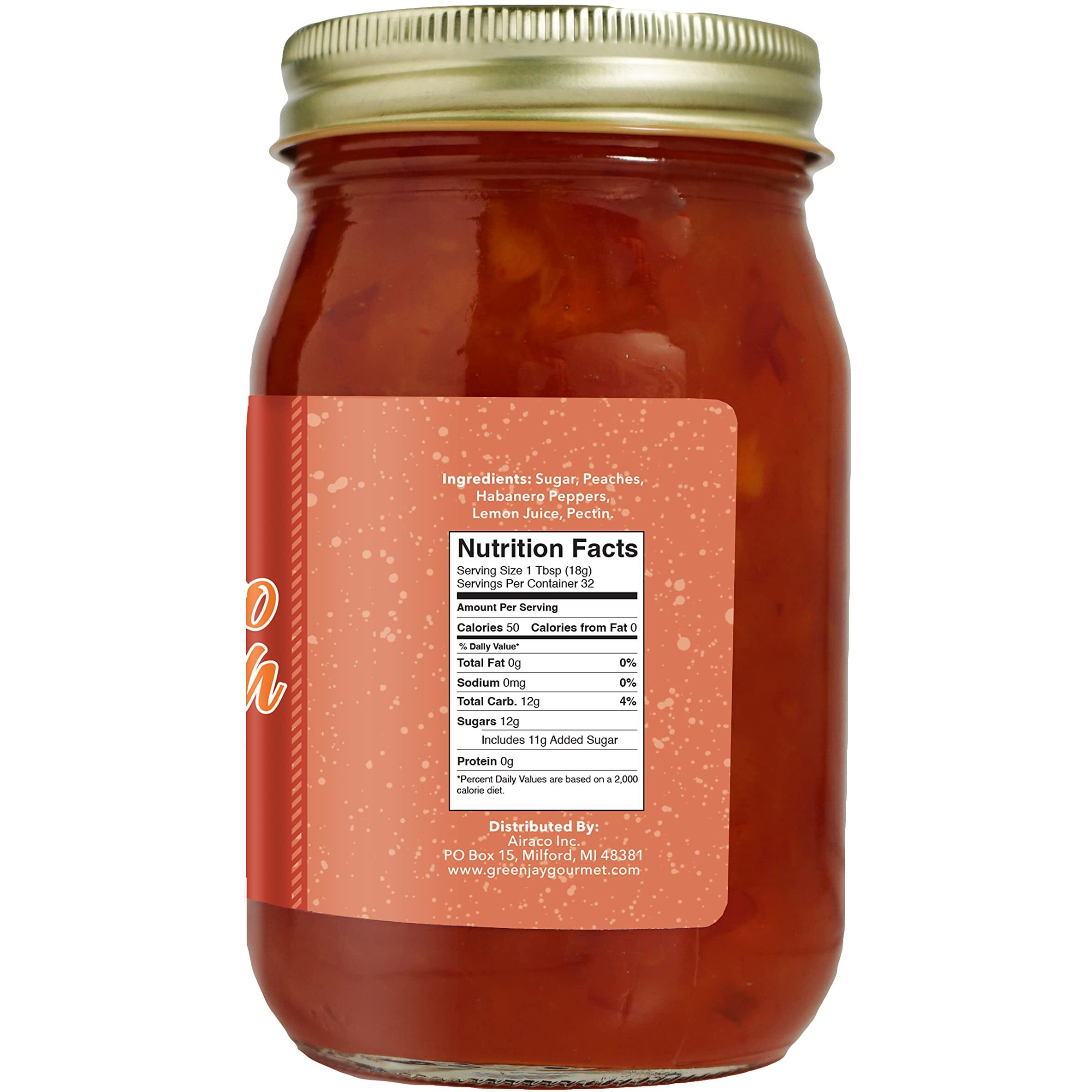 Green Jay Gourmet Peach Habanero Jam - All-Natural Peach Jam With Fresh Peaches, Habanero Peppers & Lemon Juice - Vegan, Gluten-Free Jam With No Preservatives - Made In Usa - 2 X 20 Ounces