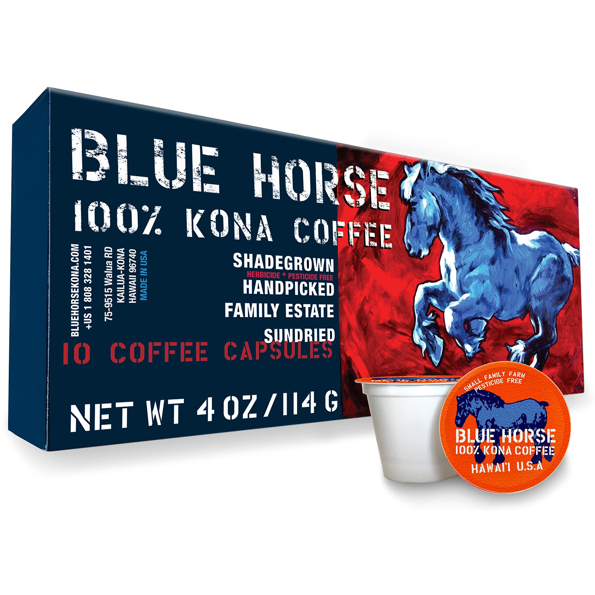 Blue Horse 100% Kona Coffee Pods, Medium Roast, 10Ct Single Serve, Compatible With K Cups 2.0, Farm Fresh, Authentic Arabica Beans From Hawaiis Big Island With A Smooth, Rich Flavor