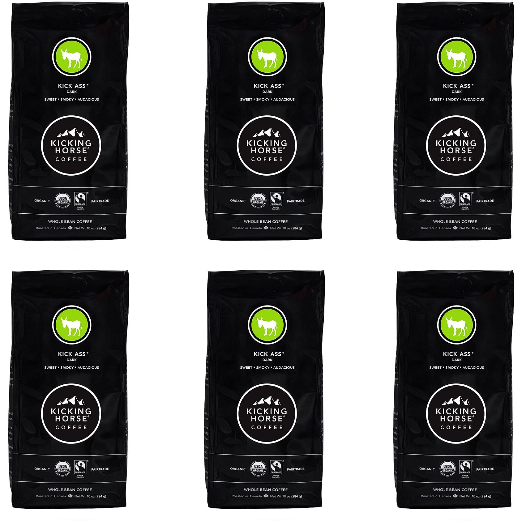 Kicking Horse Coffee, Kick Ass, Dark Roast, Whole Bean, 10 Oz - Certified Organic, Fairtrade, Kosher Coffee (Pack Of 6),10 Ounce (Pack Of 6)