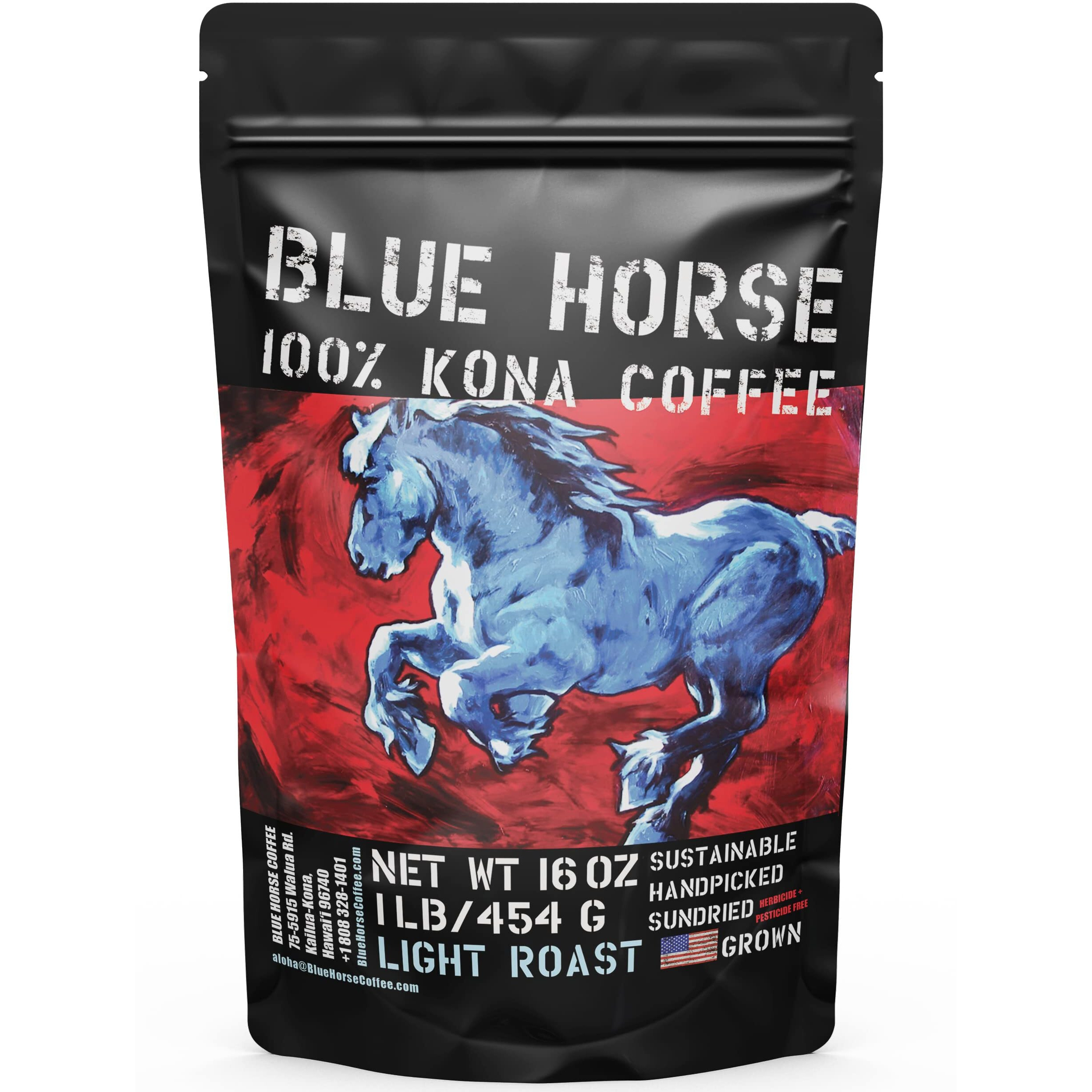 Blue Horse 100% Kona Coffee, Light Roast, Arabica Whole Beans, 1 Lb (16 Oz) Bag, Farm Fresh, Authentic Hawaiian Coffee From The Big Island