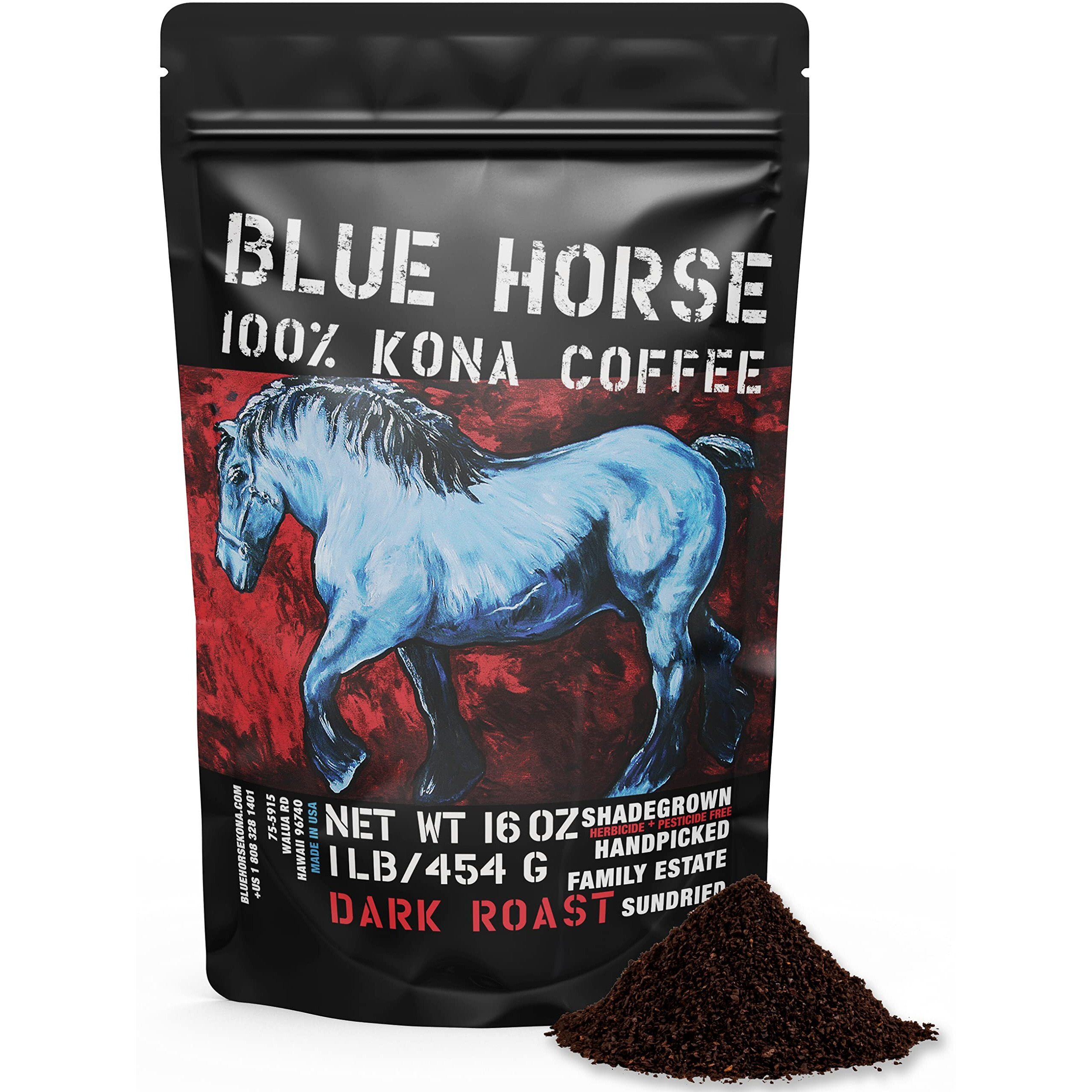 Blue Horse 100% Kona Coffee, Dark Roast Ground Arabica, 16 Oz (1 Lb) Bag. Farm Fresh Hawaiian Coffee, Smooth & Bold Flavor, Hand-Picked & Sun-Dried For Rich Aroma