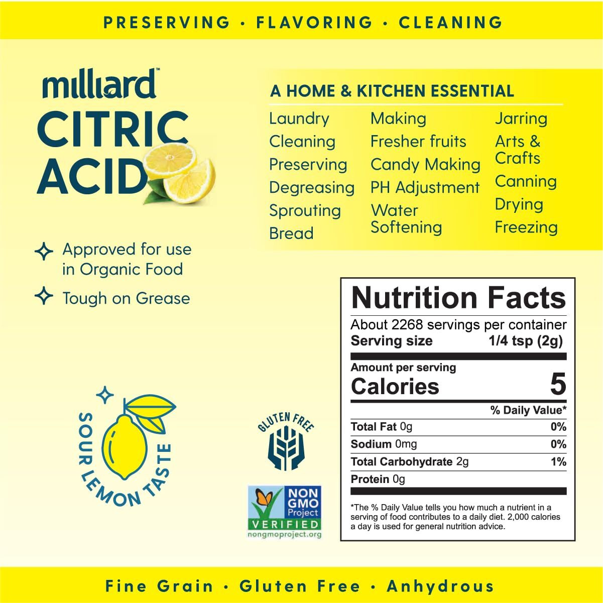 Milliard Citric Acid 10 Pound - 100% Pure Food Grade Non-Gmo Project Verified(10 Pound)