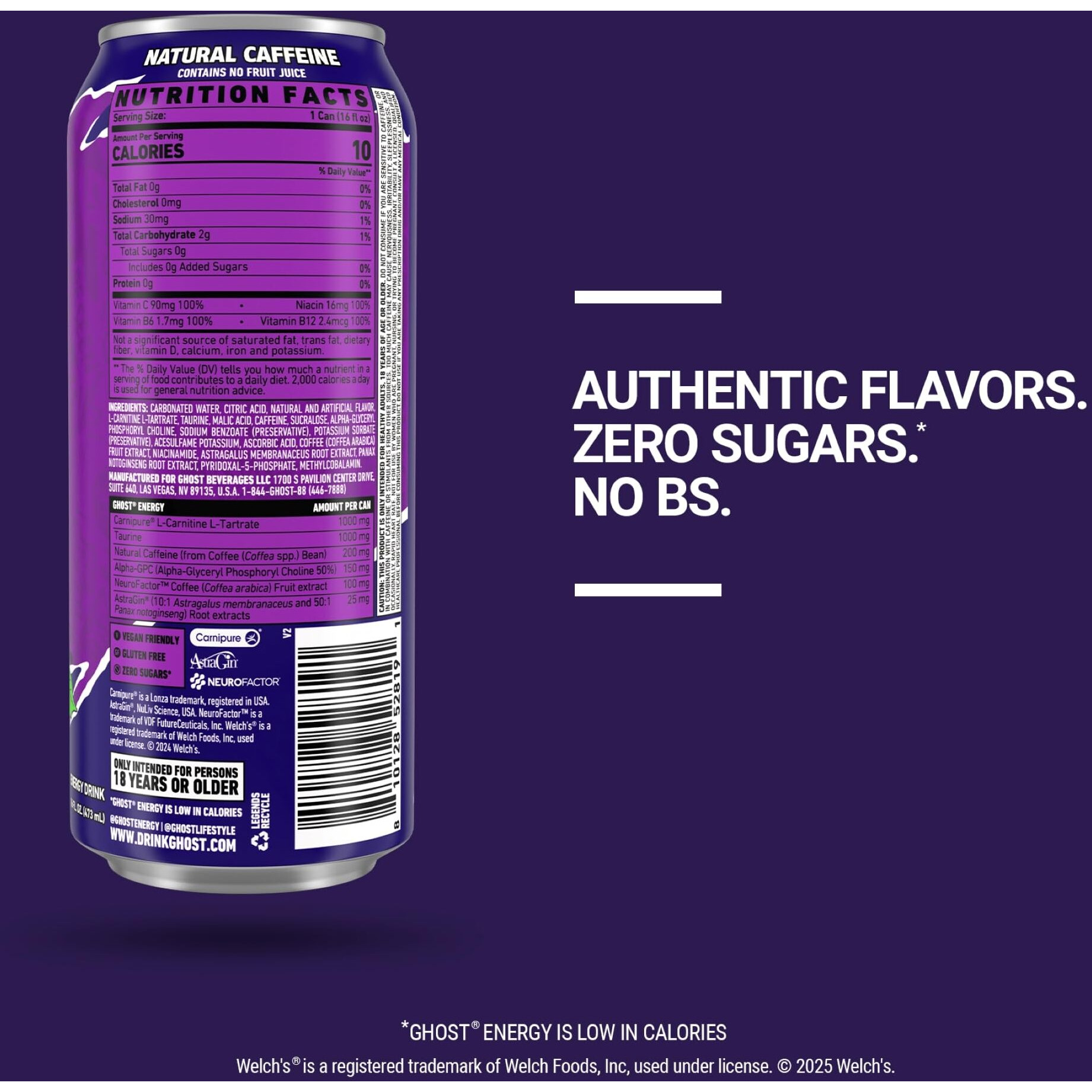 Ghost Energy Drink - 12-Pack, Welch's Grape, 16Oz Cans - Energy & Focus & No Artificial Colors - 200Mg Of Natural Caffeine, L-Carnitine & Taurine - Gluten-Free & Vegan