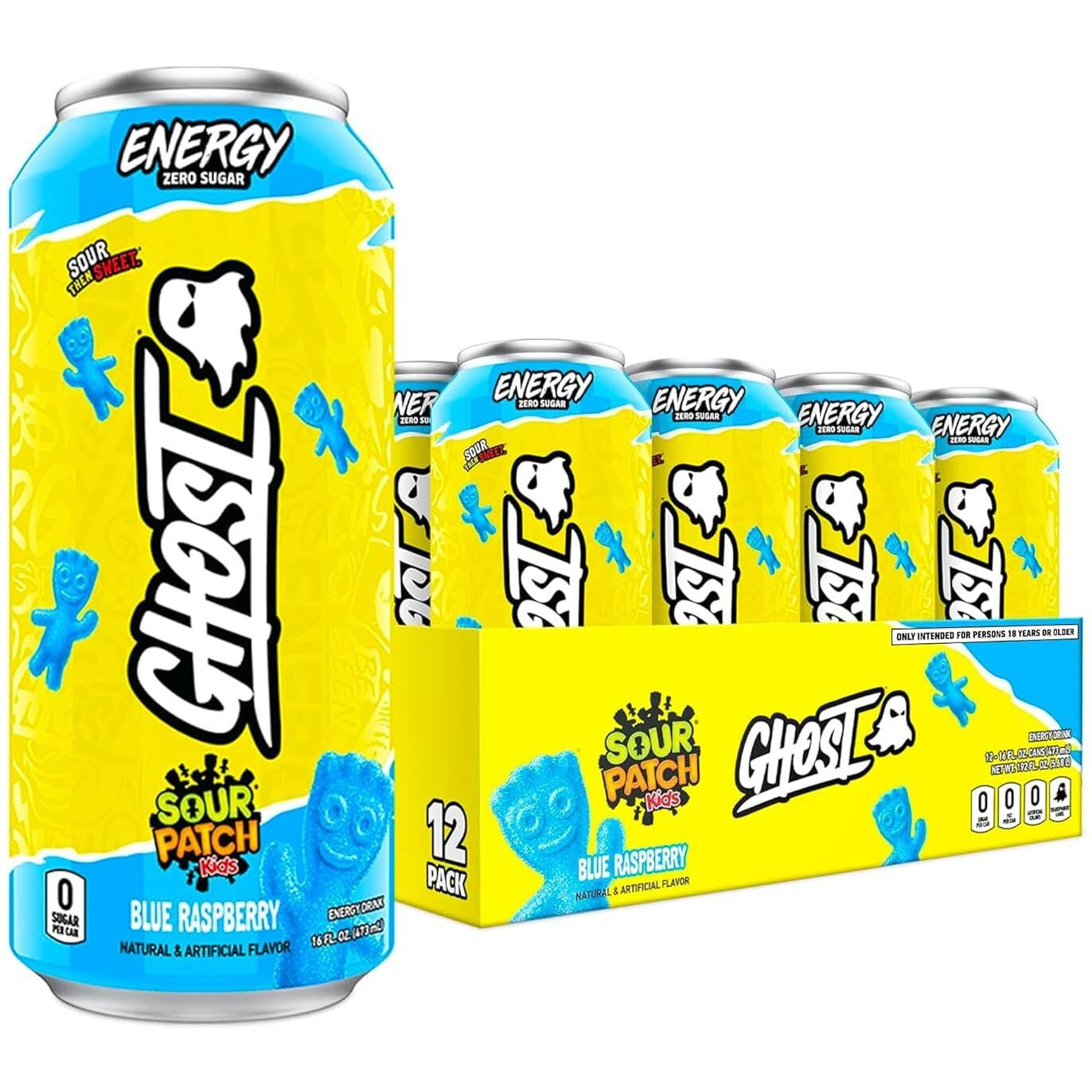 Ghost Energy Drink - 12-Pack, Sour Patch Kids Blue Raspberry, 16Oz - Energy & Focus & No Artificial Colors - 200Mg Natural Caffeine, L-Carnitine & Taurine - Gluten-Free & Vegan
