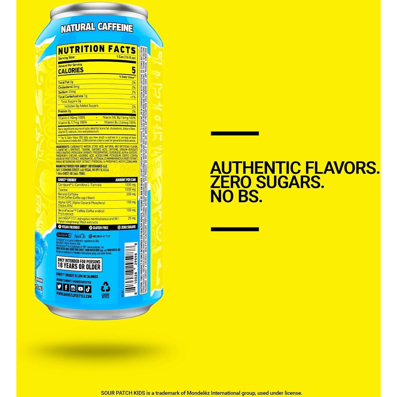 Ghost Energy Drink - 12-Pack, Sour Patch Kids Blue Raspberry, 16Oz - Energy & Focus & No Artificial Colors - 200Mg Natural Caffeine, L-Carnitine & Taurine - Gluten-Free & Vegan