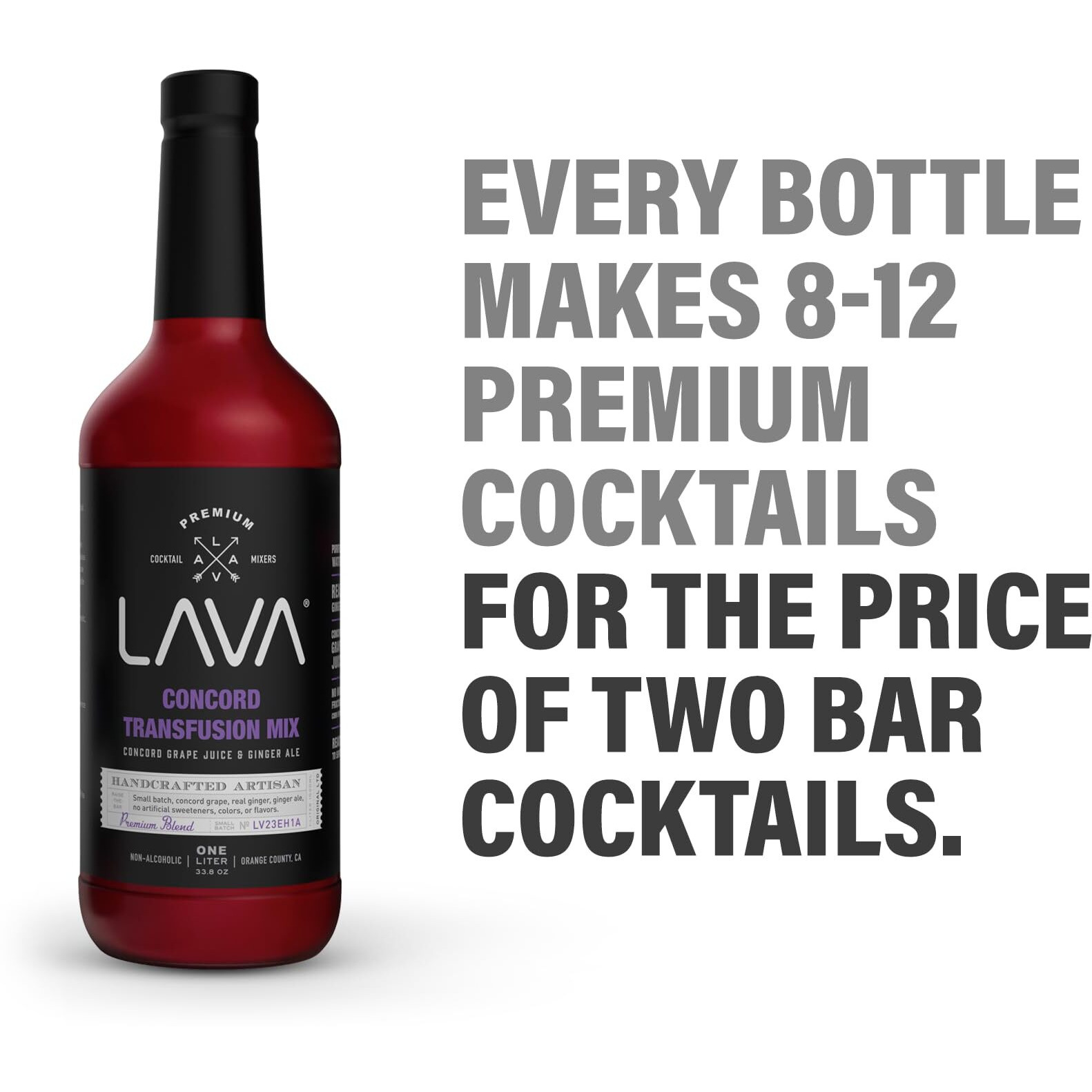 Lava Premium Concord Transfusion Mix Made With Concord Grape Juice, Real Ginger, Ginger Ale, No Artificial Sweeteners, 1-Liter (33.8Oz) Glass Bottle, Ready To Use