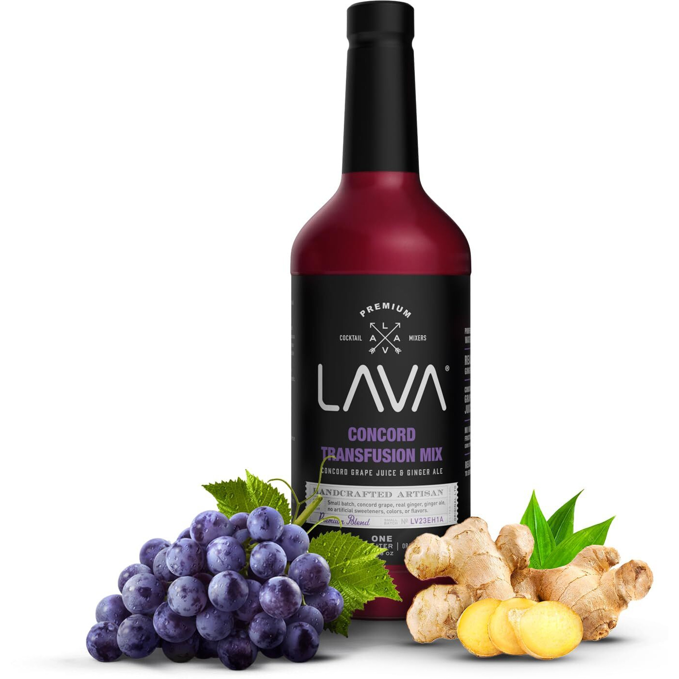 Lava Premium Concord Transfusion Mix Made With Concord Grape Juice, Real Ginger, Ginger Ale, No Artificial Sweeteners, 1-Liter (33.8Oz) Glass Bottle, Ready To Use