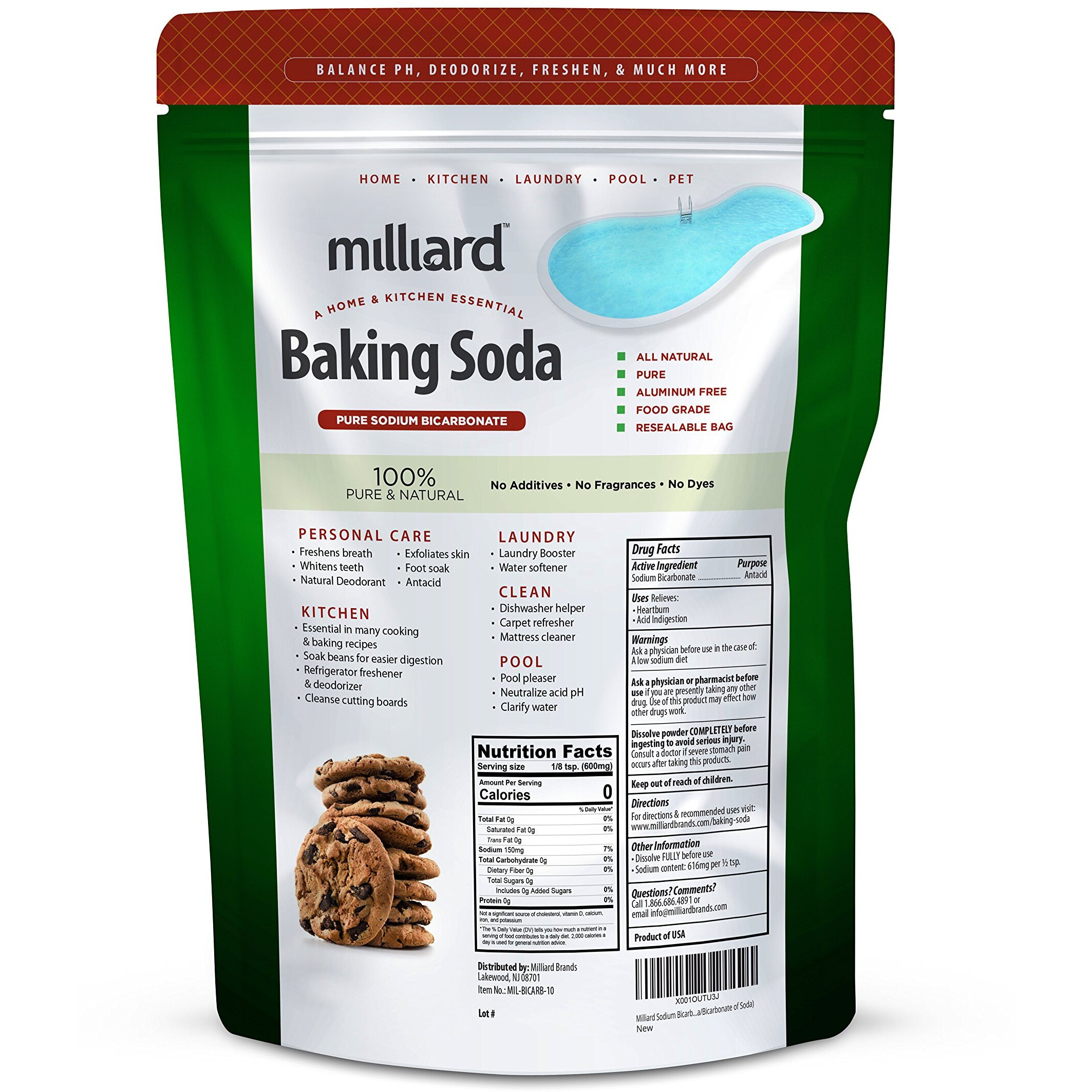 Milliard 10Lbs Baking Soda / Sodium Bicarbonate Usp - 10 Pound Bulk Resealable Bag