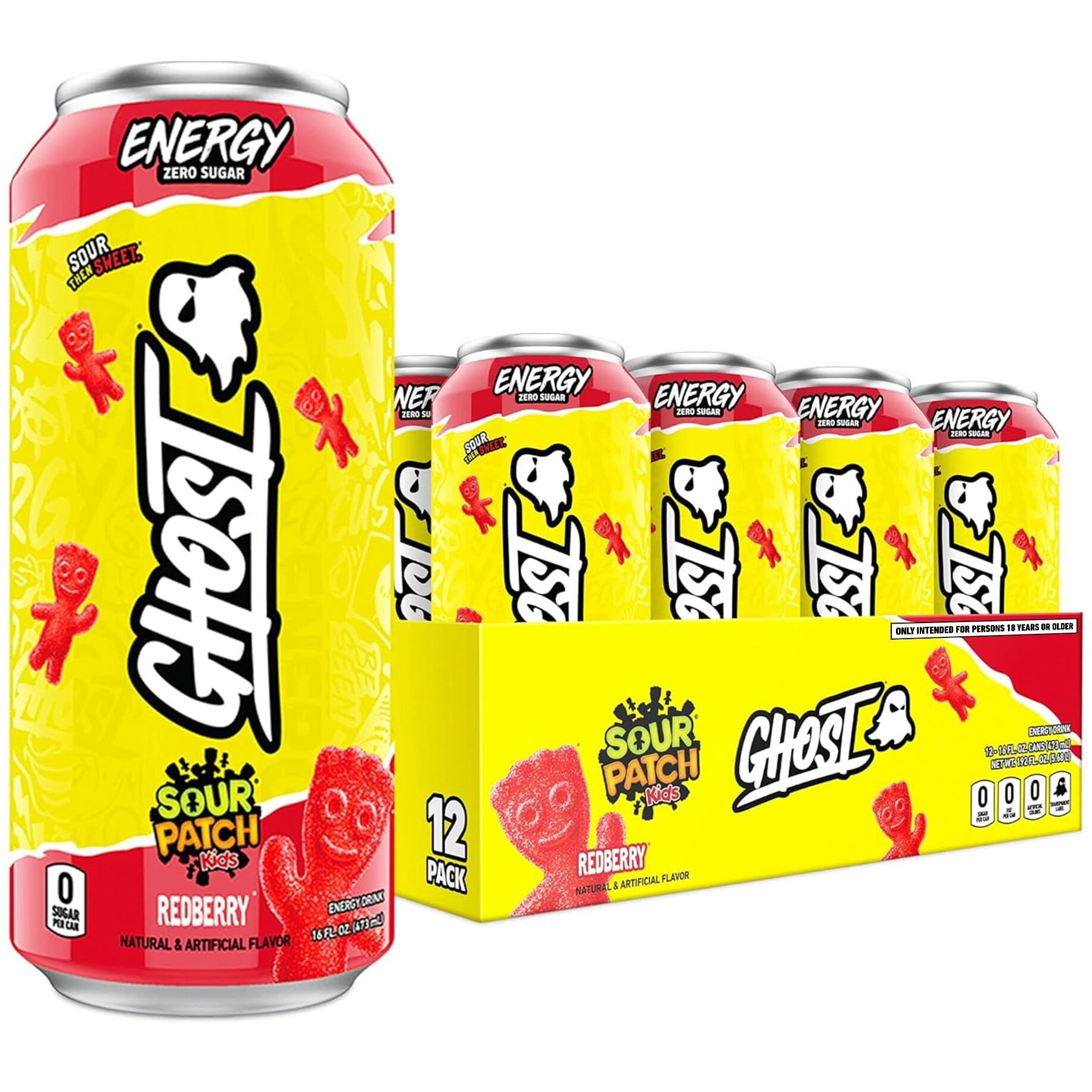 Ghost Energy Drink - 12-Pack, Sour Patch Kids Redberry, 16Oz - Energy & Focus & No Artificial Colors - 200Mg Of Natural Caffeine, L-Carnitine & Taurine - Gluten-Free & Vegan