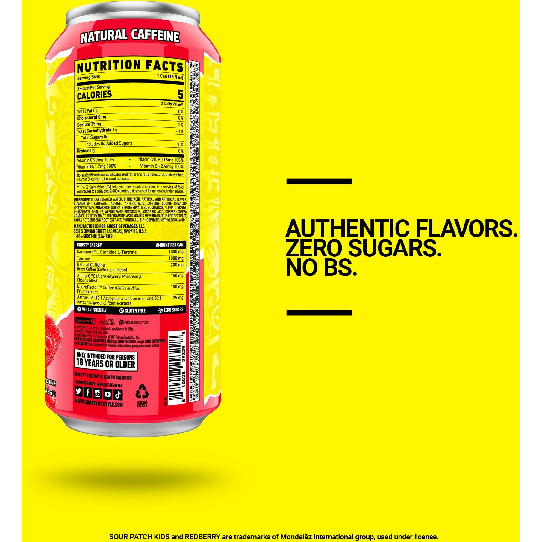 Ghost Energy Drink - 12-Pack, Sour Patch Kids Redberry, 16Oz - Energy & Focus & No Artificial Colors - 200Mg Of Natural Caffeine, L-Carnitine & Taurine - Gluten-Free & Vegan