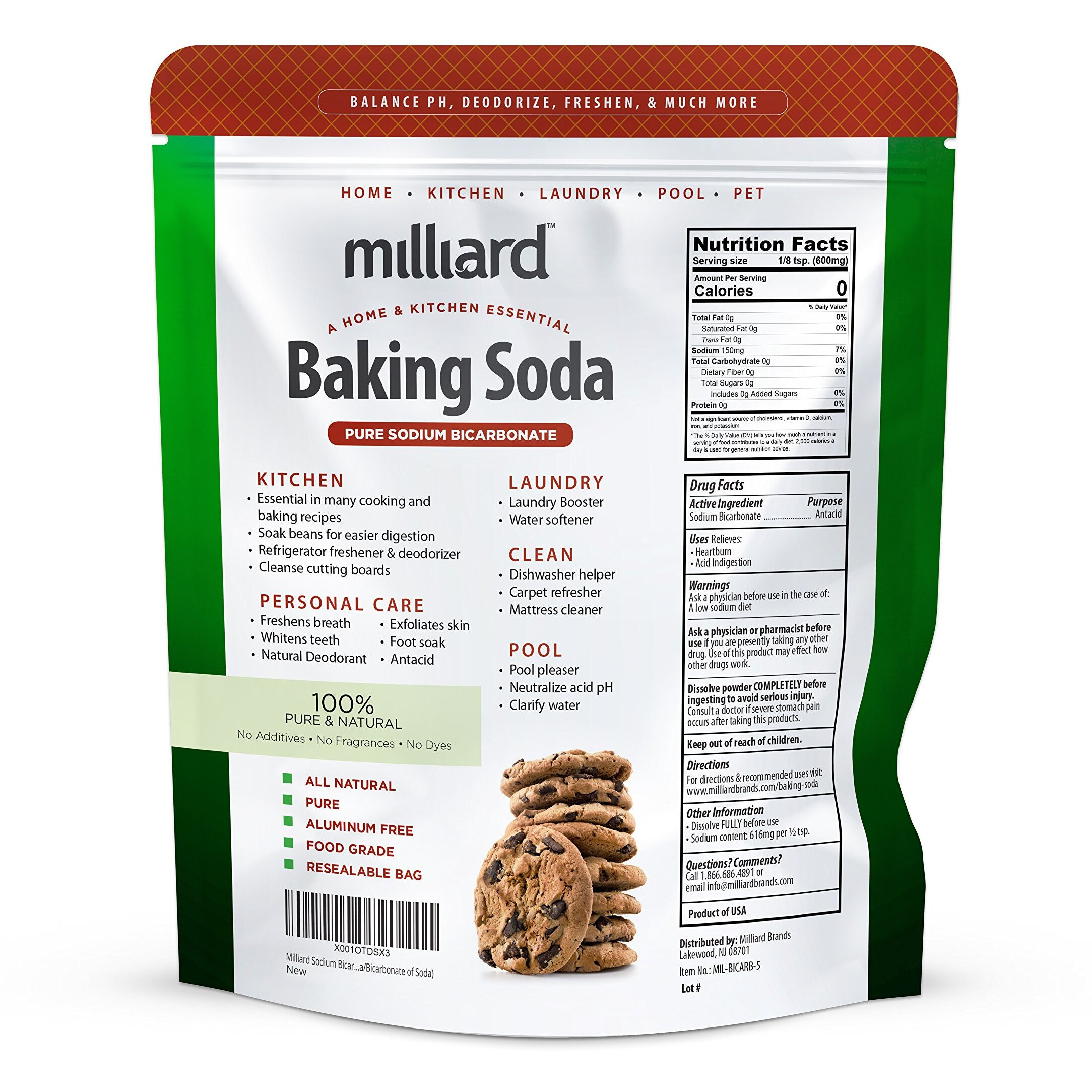 Milliard 5Lbs Baking Soda / Sodium Bicarbonate Usp - 5 Pound Bulk Resealable Bag