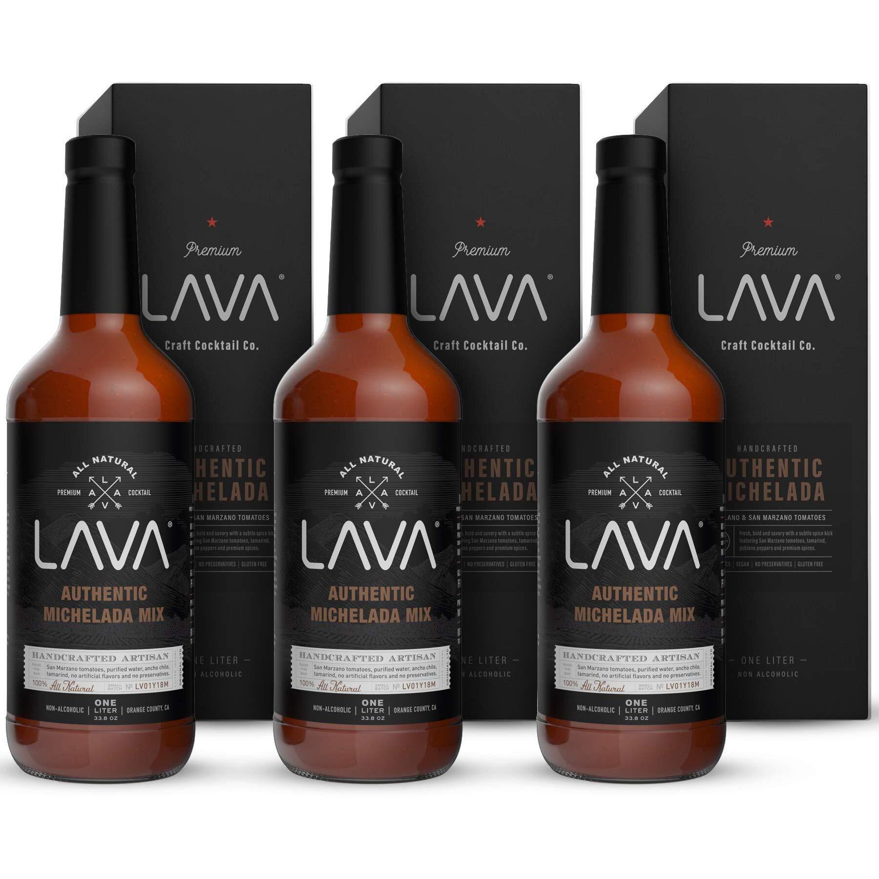 (3 Pack) Lava All Natural Authentic Michelada Mix Craft Cocktail Mixer, Made With Real Tomatoes, Ancho Chile Peppers, Tamarind, No Junk Ingredients, Vegan, 1-Liter (33.8Oz) Glass Bottle, Ready To Use