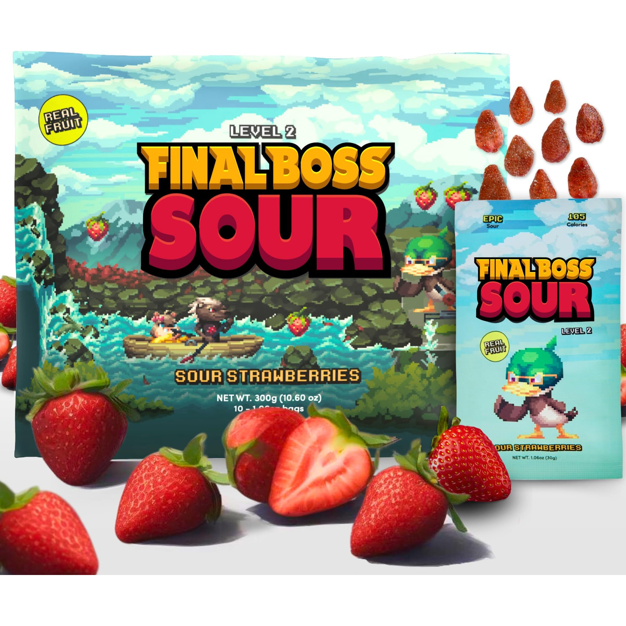 Final Boss Sour Candy, Extremely Super Sour Gummy Candy, Strawberry, Lvl 2, (1.06 Ounces Bags, 10 Bags) - Gummies Made With Dried Fruit, Free Of Artificial Colors, Low Calorie Healthy Snack For Kids & Adults