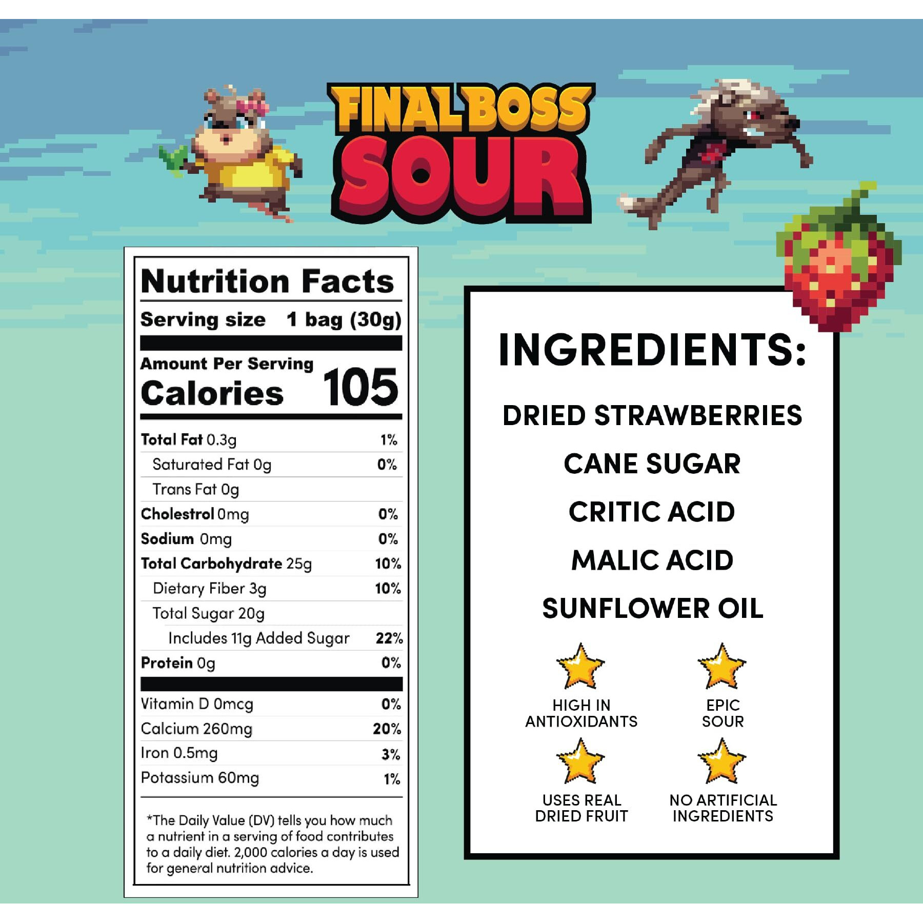 Final Boss Sour Candy, Extremely Super Sour Gummy Candy, Strawberry, Lvl 2, (1.06 Ounces Bags, 10 Bags) - Gummies Made With Dried Fruit, Free Of Artificial Colors, Low Calorie Healthy Snack For Kids & Adults