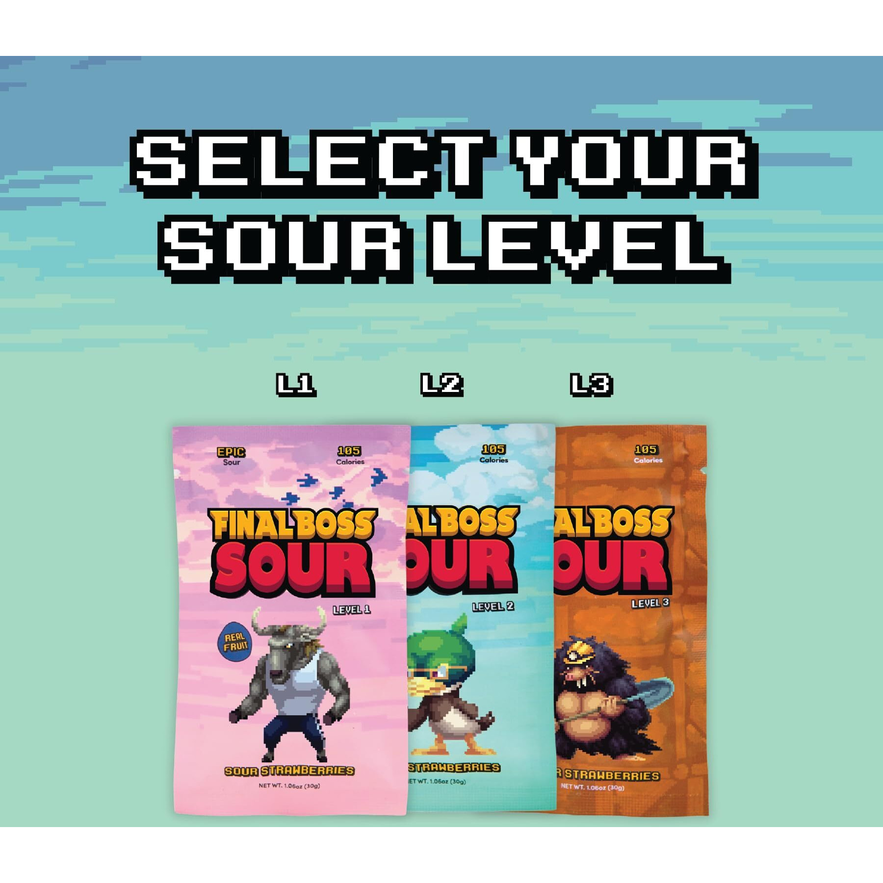 Final Boss Sour Candy, Extremely Super Sour Gummy Candy, Strawberry, Lvl 2, (1.06 Ounces Bags, 10 Bags) - Gummies Made With Dried Fruit, Free Of Artificial Colors, Low Calorie Healthy Snack For Kids & Adults