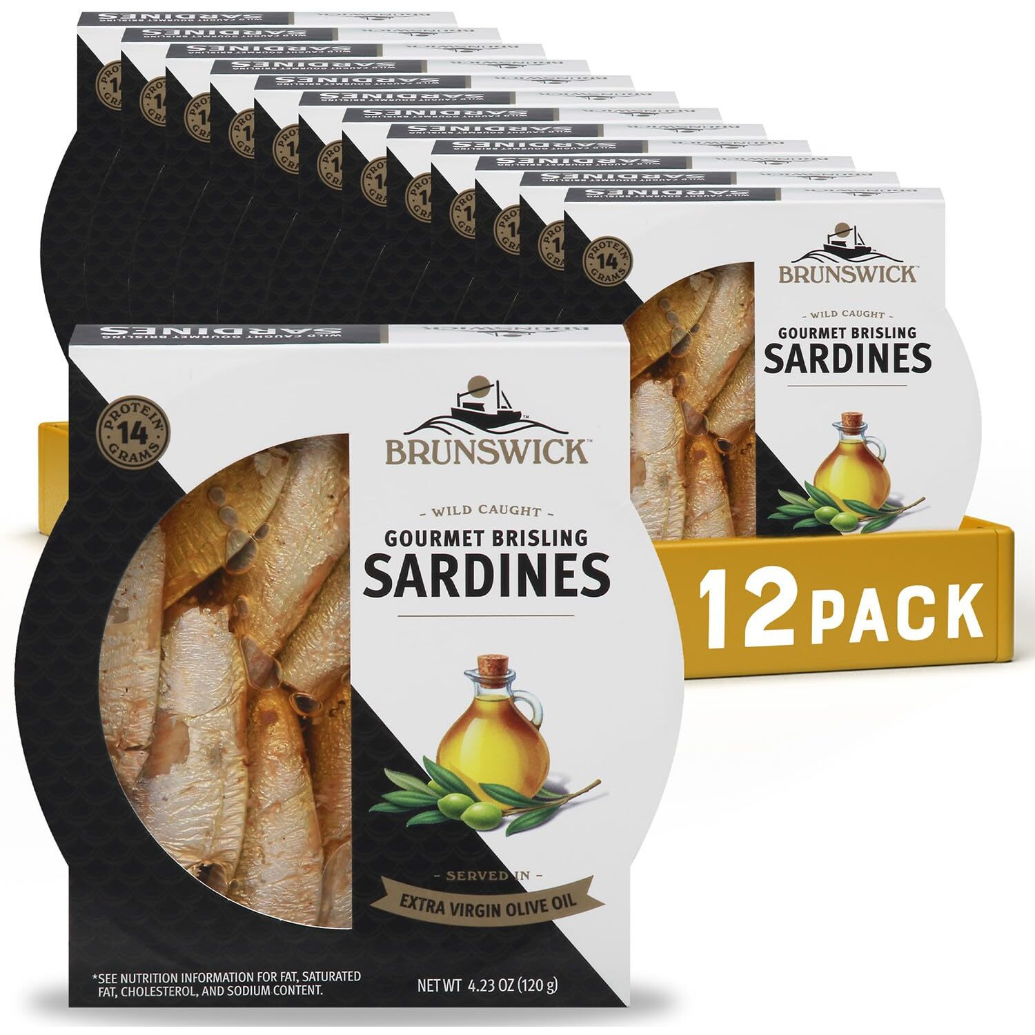 Brunswick Wild Caught Gourmet Brisling Sardines In Extra Virgin Olive Oil, 4.23 Oz Can (Pack Of 12) - Wild Caught Sardines - 14G Protein Per Serving - Gluten Free, Keto Friendly