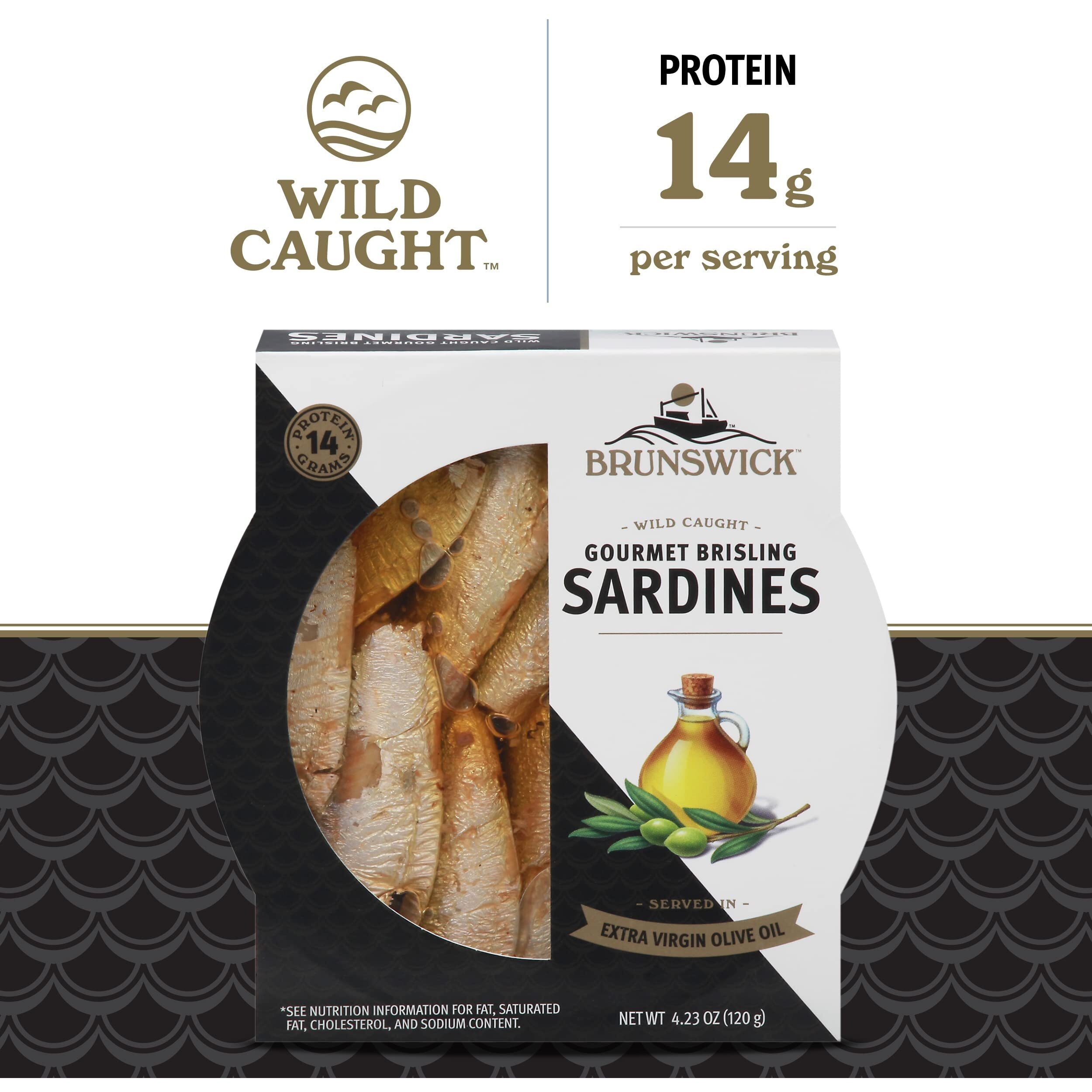 Brunswick Wild Caught Gourmet Brisling Sardines In Extra Virgin Olive Oil, 4.23 Oz Can (Pack Of 12) - Wild Caught Sardines - 14G Protein Per Serving - Gluten Free, Keto Friendly