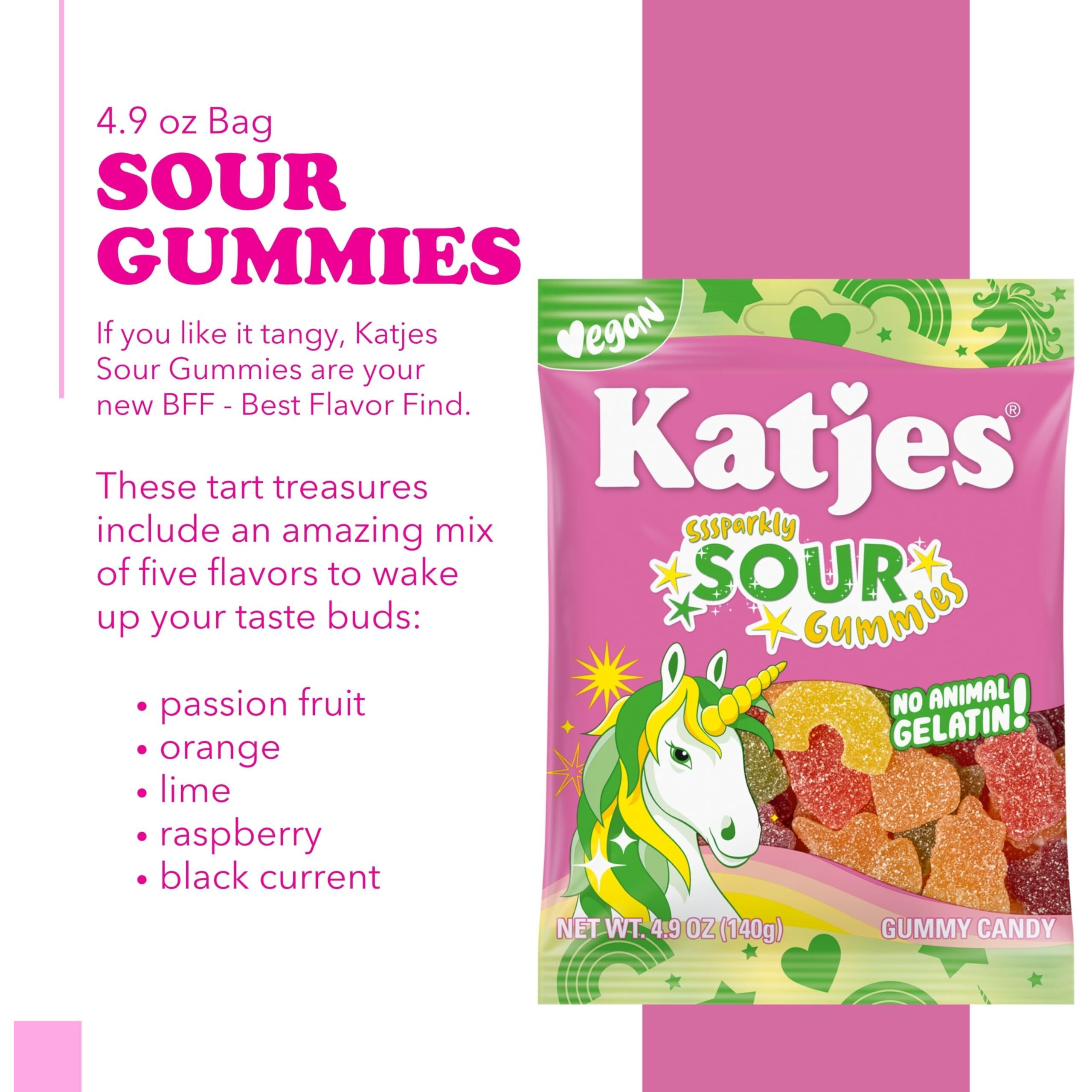 Katjes Plant Based Sour Gummy Candy - Passion Fruit, Orange, Lime, Raspberry & Black Currant Flavored Sour Gummies - Palm Oil Free -No Animal Gelatin - No High Fructose Corn Syrup 4.9Oz Resealable Bag