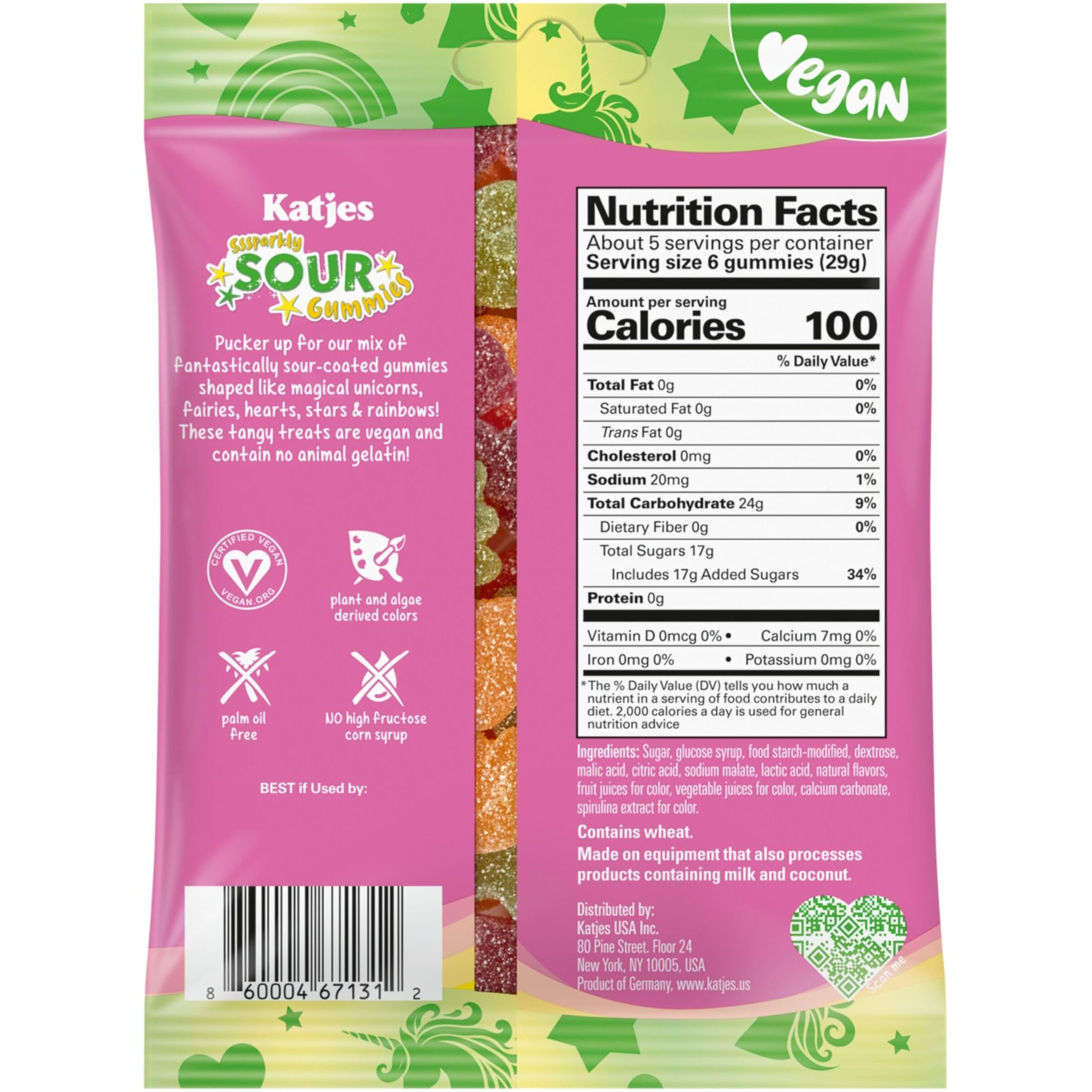 Katjes Plant Based Sour Gummy Candy - Passion Fruit, Orange, Lime, Raspberry & Black Currant Flavored Sour Gummies - Palm Oil Free -No Animal Gelatin - No High Fructose Corn Syrup 4.9Oz Resealable Bag