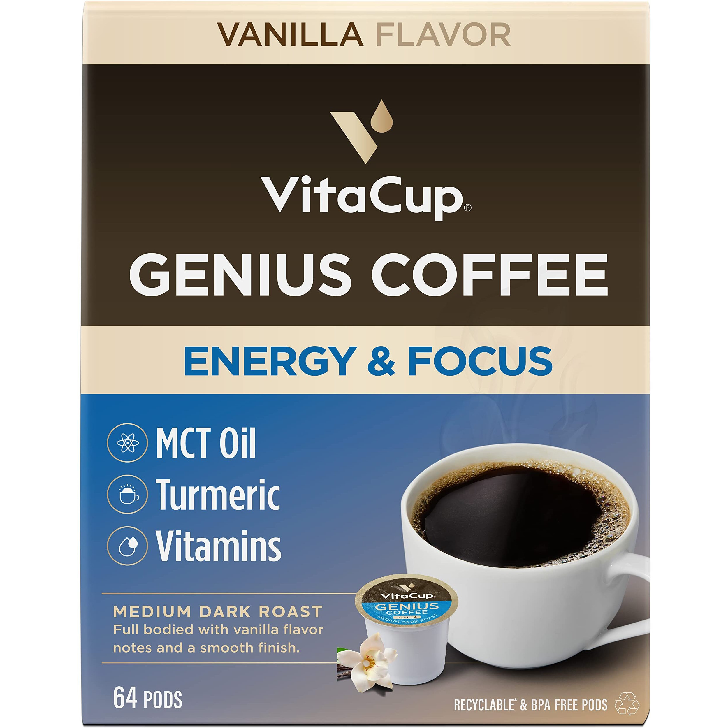 Vitacup Genius Vanilla Keto Coffee Pods W/Mct Oil, Turmeric, B Vitamins, & D3 For Energy & Focus In Recyclable Single Serve Pod Compatible With K-Cup Brewers Including Keurig 2.0, 64 Ct