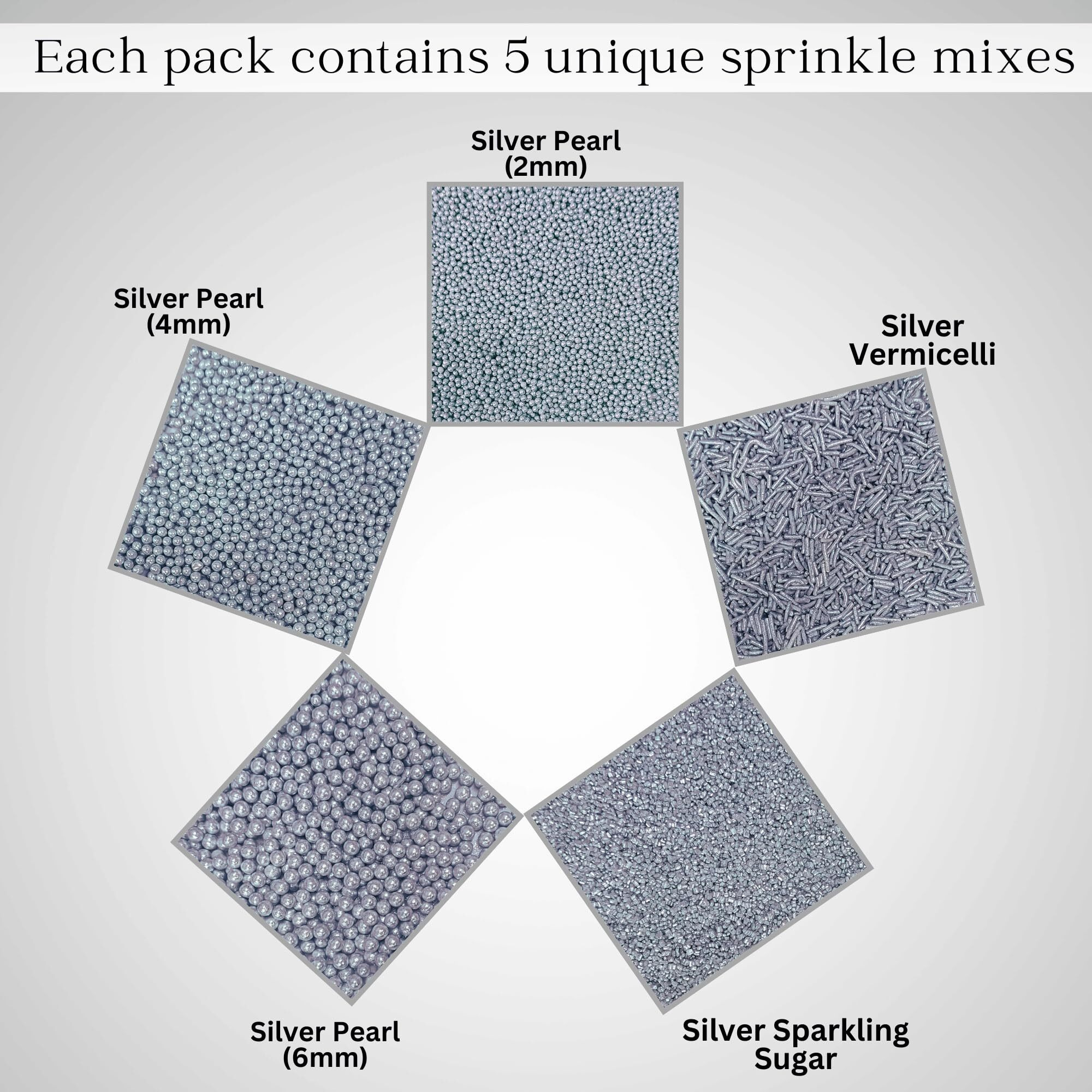 Confect Silver Pearl Christmas Sprinkles For Cakes & Cupcakes Decoration | Assorted Pack Of 5 Metallic Shine Sliver Sprinkle Mix Dragees, Jimmies & Sparkling Sugar | Vegan, Gluten-Free, Soy-Free, Dairy-Free, Palm Oil-Free- 5 Oz