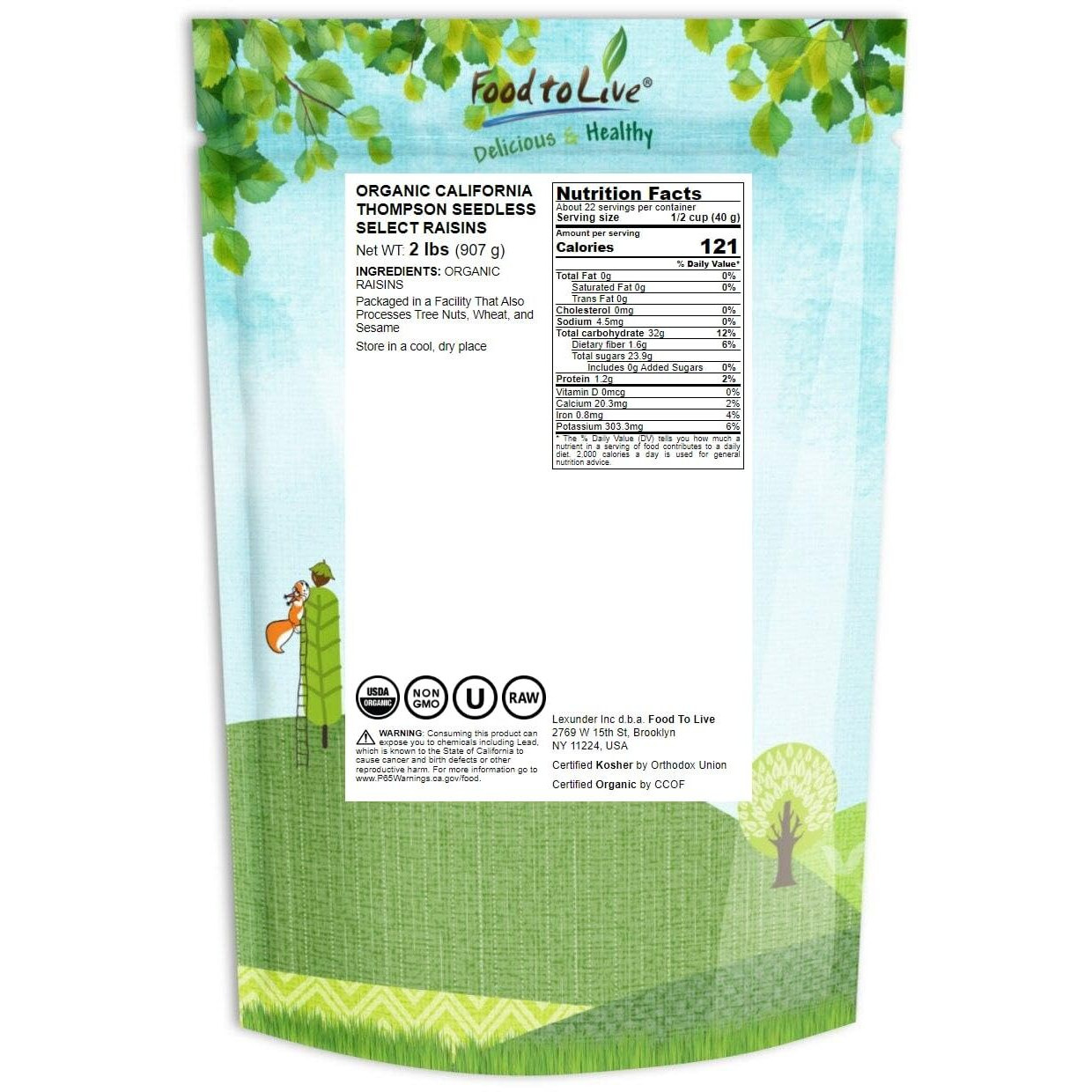 Food To Live California Organic Raisins, 2 Pounds - Thompson Seedless Select, Sun-Dried, Non-Gmo, Kosher, Unsulphured, Bulk, No Oil Added