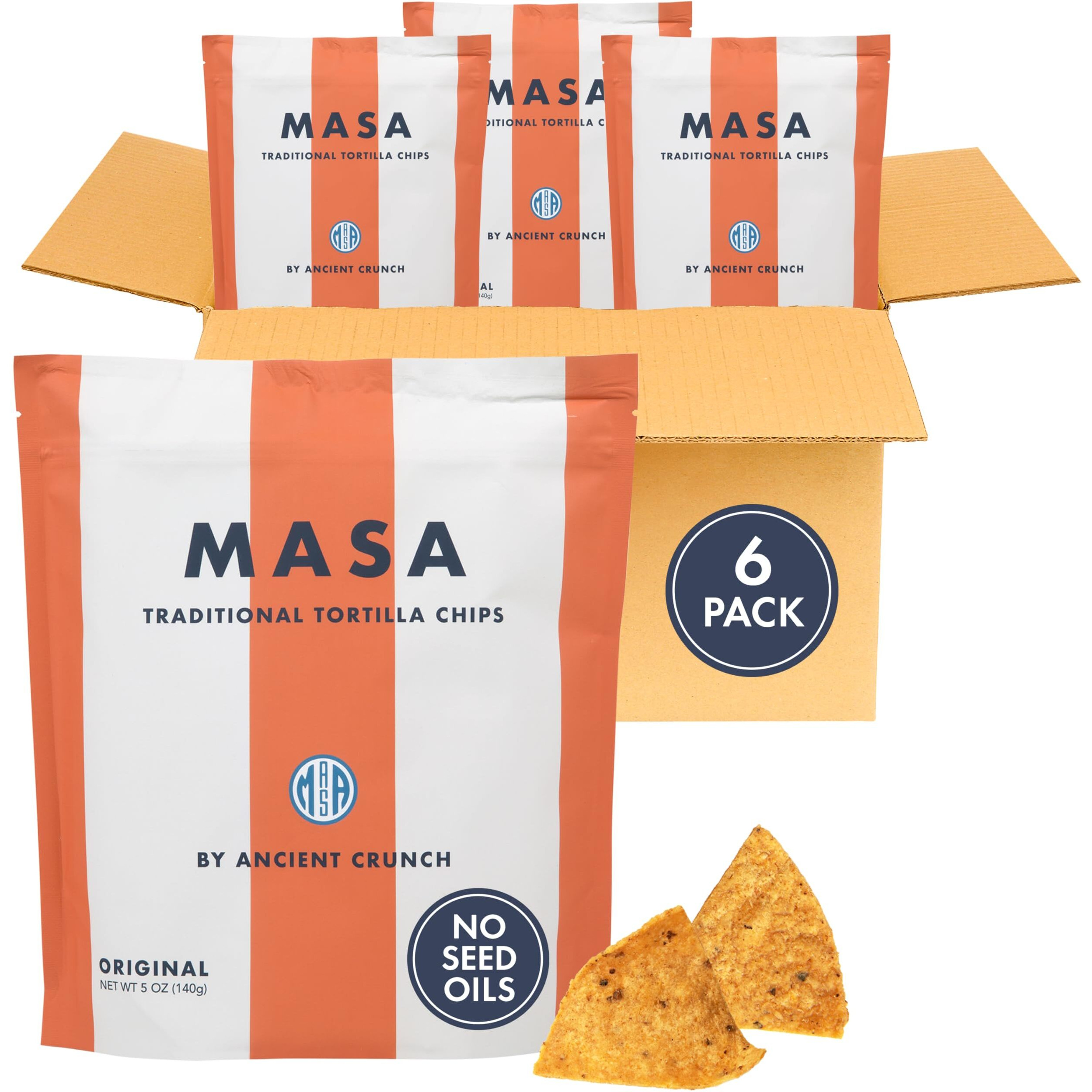 Masa Chips - Tortilla Chips Snack Pack - Seed Oil Free, Naturally Grown Corn Chips - Low Carb Snacks - Made With Grass Fed Tallow & Sea Salt - 6 Pack, 5 Ounce Each