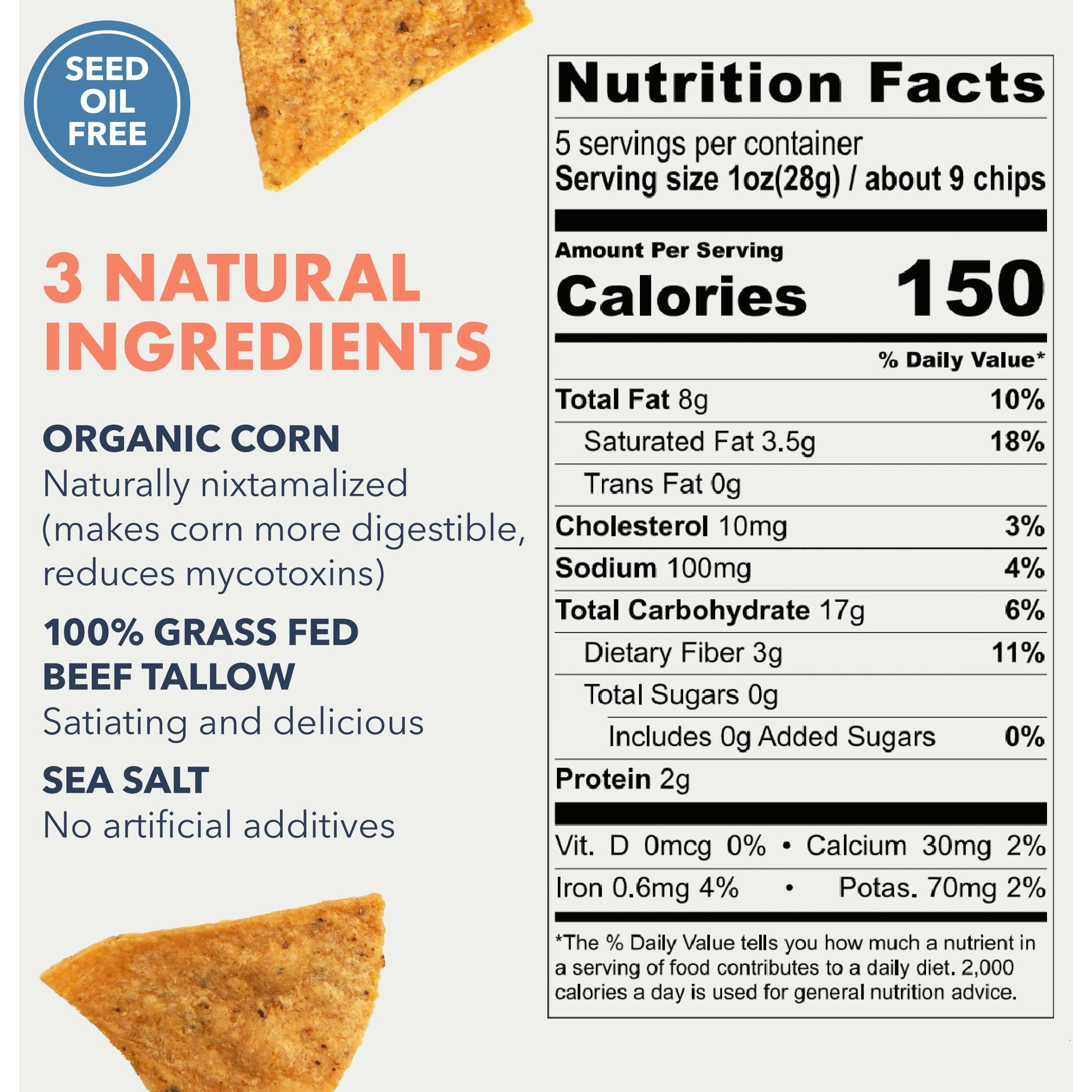 Masa Chips - Tortilla Chips Snack Pack - Seed Oil Free, Naturally Grown Corn Chips - Low Carb Snacks - Made With Grass Fed Tallow & Sea Salt - 6 Pack, 5 Ounce Each