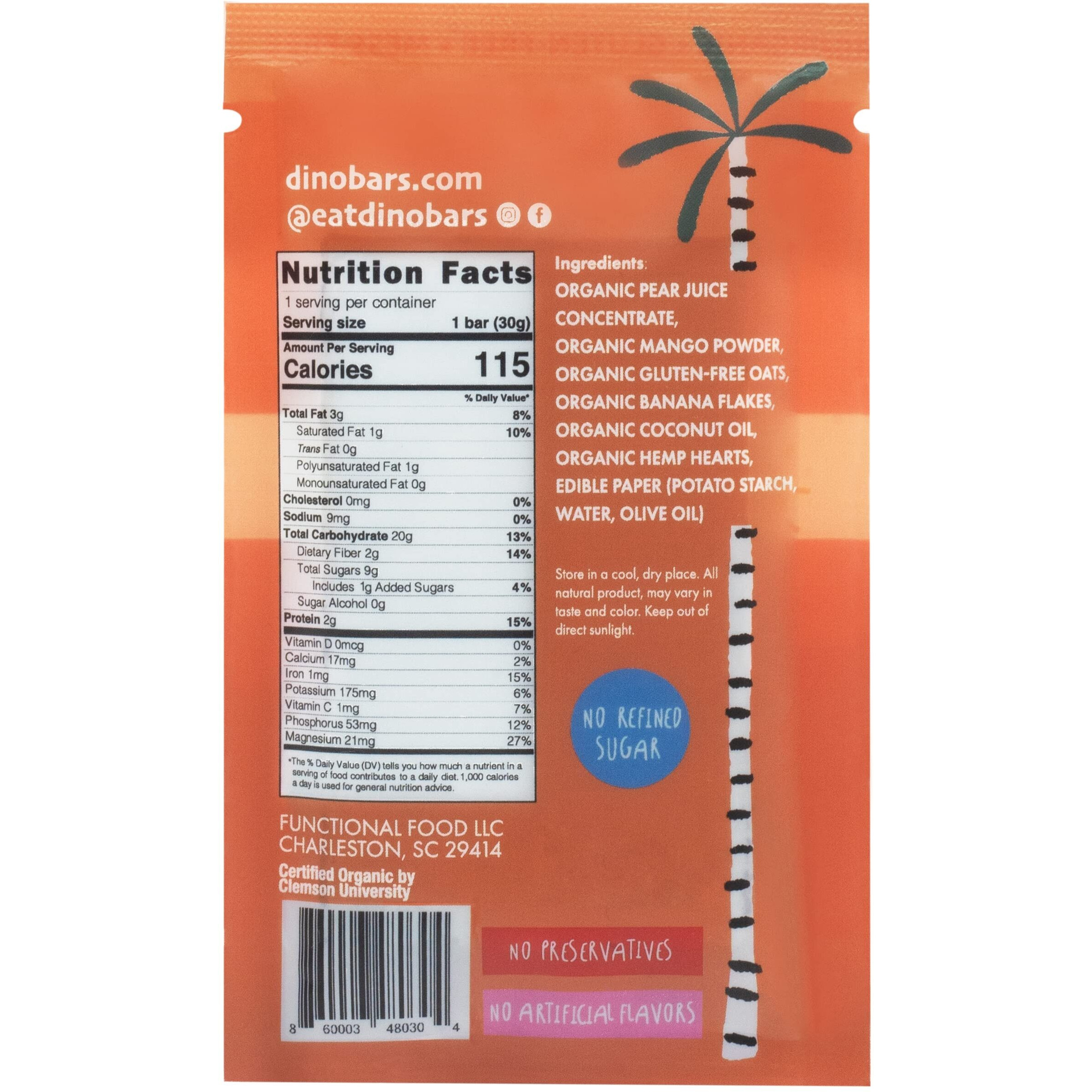 Dino Bars | Organic Fruit Bar For Kids | Organic Toddler Bars And Dinosaur Snacks | Fruit + Oats + Hemp Hearts + Coconut Oil With Edible Paper | Mango Kids Bar | Age 1+ | 30 Pack