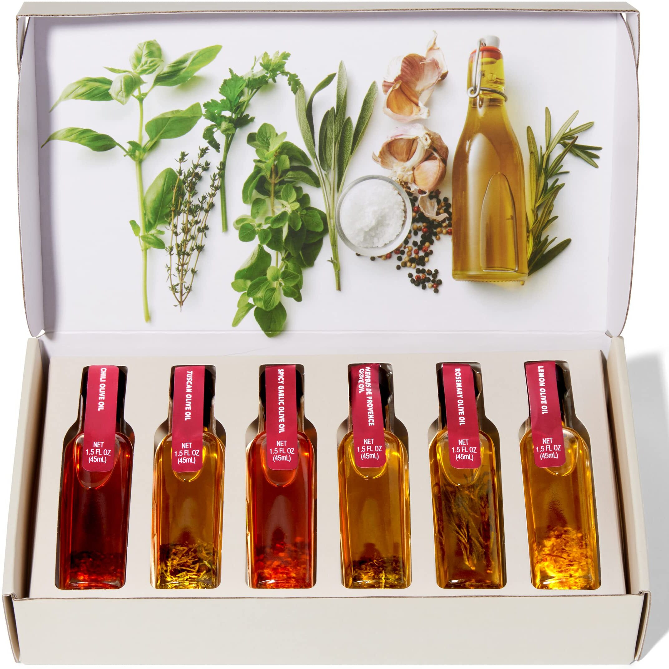 Thoughtfully Gourmet, Spice Infused Olive Oil Gift Set, Premium Extra-Virgin Olive Oil From Spain, Flavors Include Chili, Rosemary, Lemon, Spicy Garlic, Herbes De Provence And Tuscan, Set Of 6