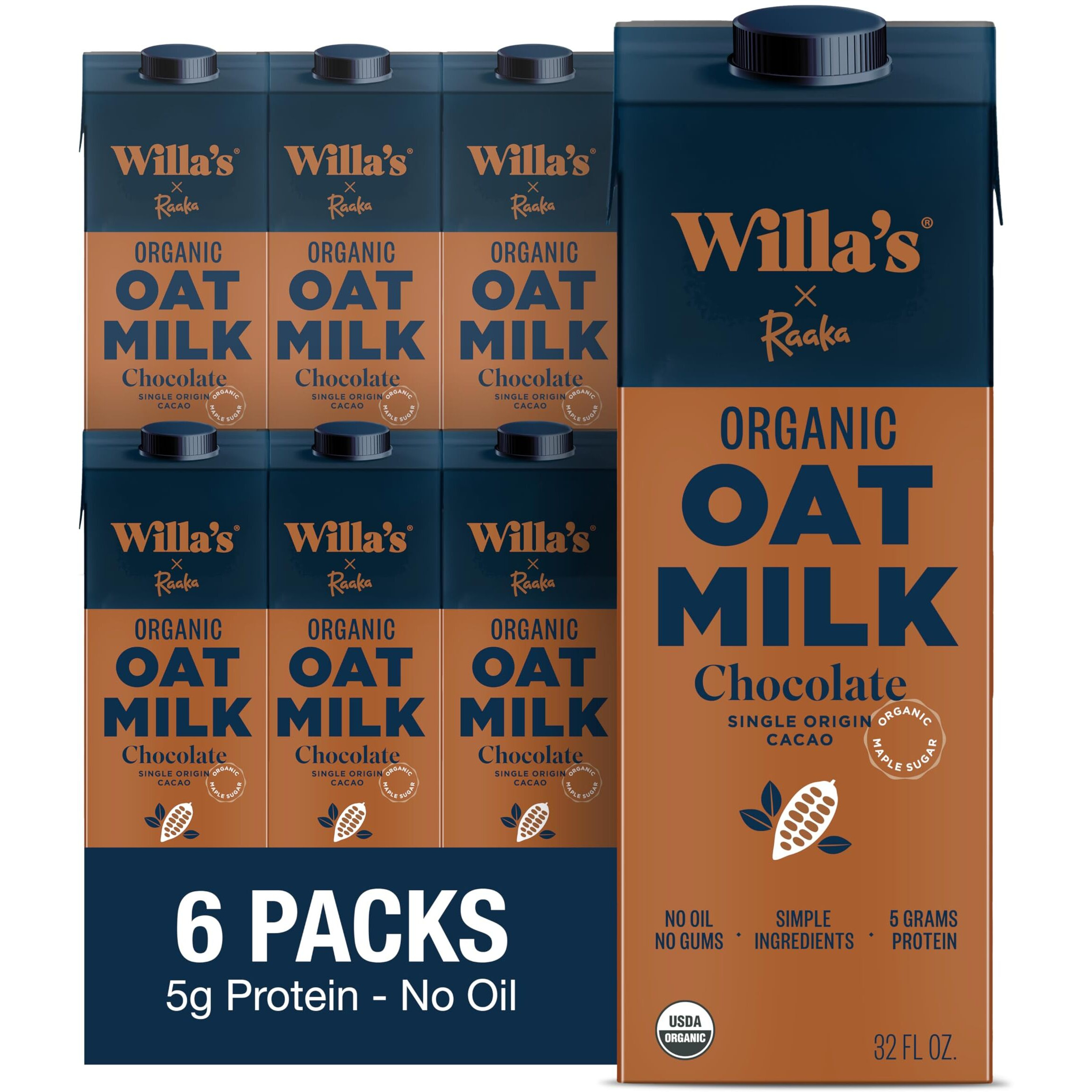 Willa's Organic Oat Milk - Chocolate Unsweetened Cacao Oatmilk, Non-Gmo, Shelf Stable, Low Sugar, Non-Dairy Milk, Made From Whole Grain Oats, No Oil, No Gums, 32 Oz - Pack Of 6