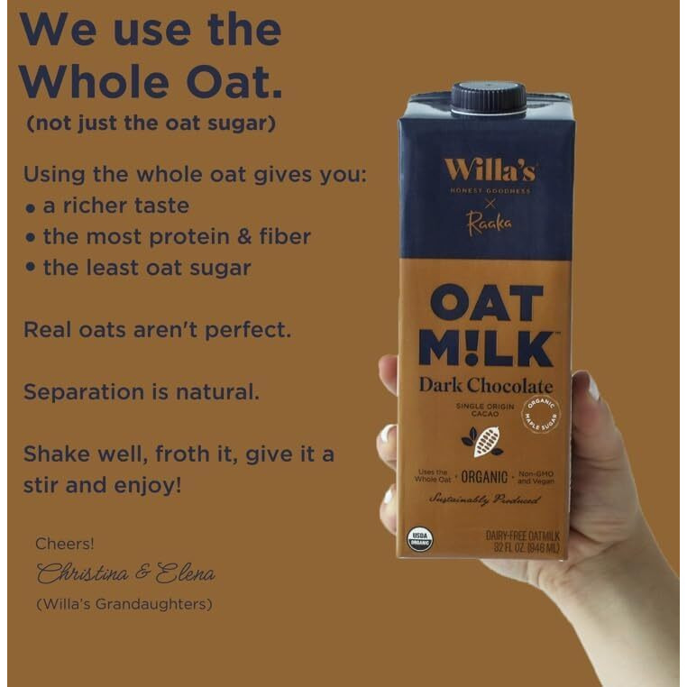 Willa's Organic Oat Milk - Chocolate Unsweetened Cacao Oatmilk, Non-Gmo, Shelf Stable, Low Sugar, Non-Dairy Milk, Made From Whole Grain Oats, No Oil, No Gums, 32 Oz - Pack Of 6