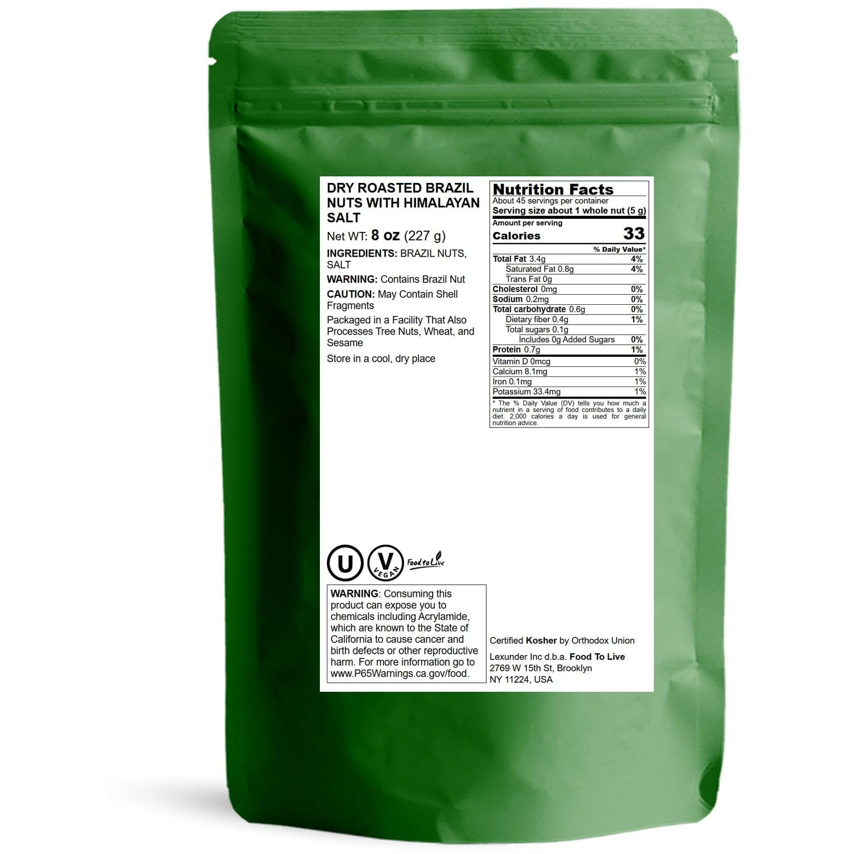 Food To Live - Dry Roasted Brazil Nuts With Himalayan Salt, 8 Ounces - Oven Roasted, Lightly Salted, No Oil Added, Whole. Vegan, Kosher, Bulk.