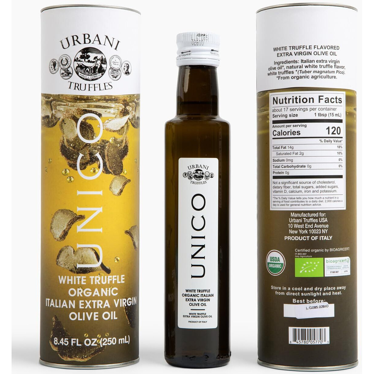 Urbani Truffles Unico White Truffle Oil 8.4 Fl Oz, Made W/Extra Virgin Olive Oil & Real Truffle Pieces, Italian Gourmet Flavored Oils For Cooking Pasta, Salads, Pizza, Fish, Meat, All-Natural & Vegan
