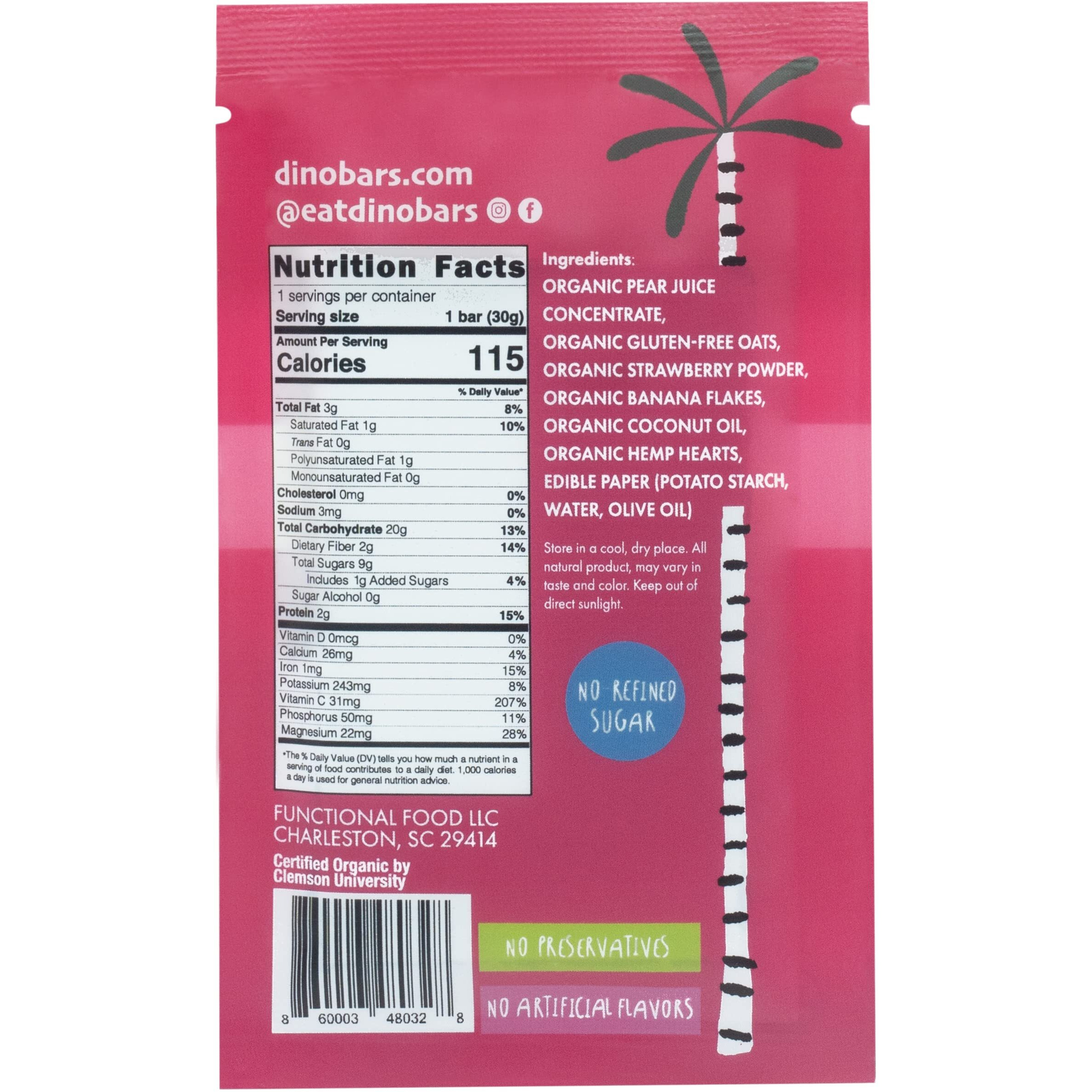 Dino Bars | Organic Fruit Bar For Kids | Organic Toddler Bars And Dinosaur Snacks | Fruit + Oats + Hemp Hearts + Coconut Oil With Edible Paper | Strawberry Kids Bar | Age 1+ | 20 Pack