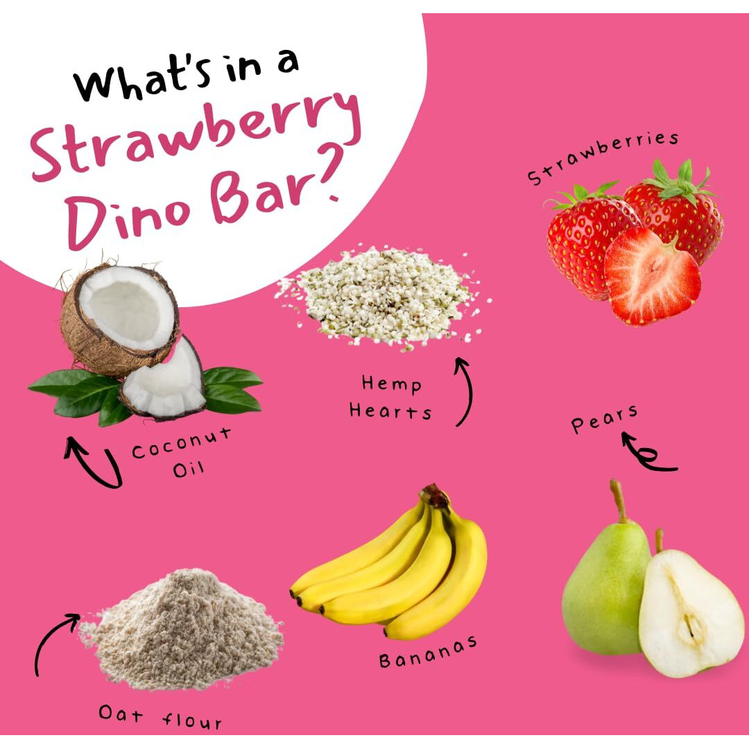 Dino Bars | Organic Fruit Bar For Kids | Organic Toddler Bars And Dinosaur Snacks | Fruit + Oats + Hemp Hearts + Coconut Oil With Edible Paper | Strawberry Kids Bar | Age 1+ | 20 Pack