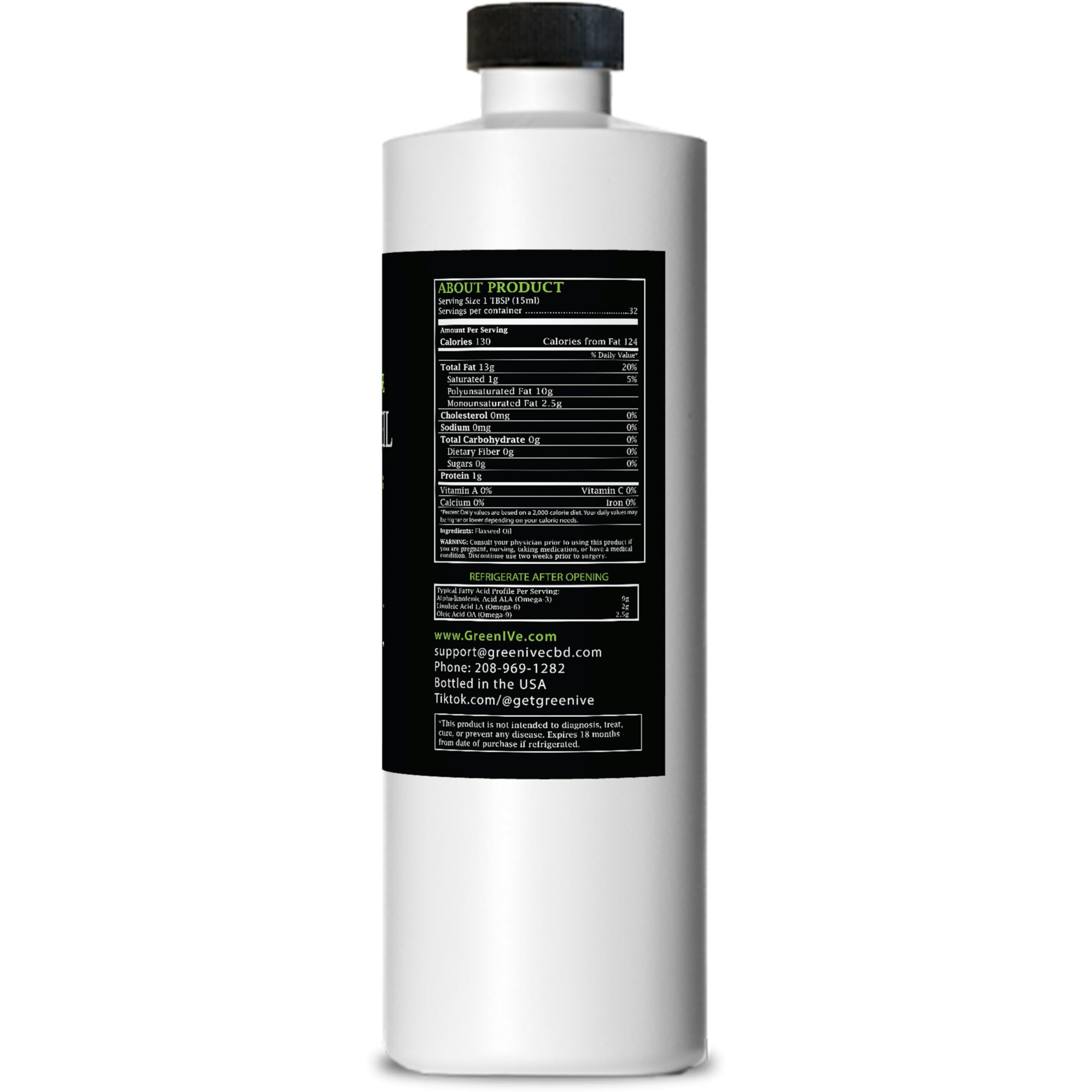 Greenive Flax Seed Oil Organically Grown100% Pure Cold Pressed High Vegan Omega Fatty Acids (16 Fl Oz)