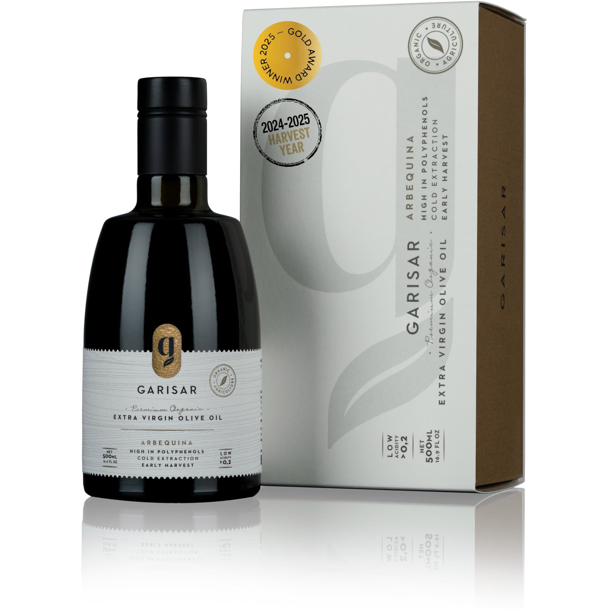 Garisar High In Polyphenol Premium Extra Virgin Olive Oil (&gt600 Ppm), Low Acidity (Max 0.2%), Nyiooc 2025 Gold Medal Winner, Organic Agriculture Hand Picked, Cold Pressed, 100% Arbequina - Pack Of 1