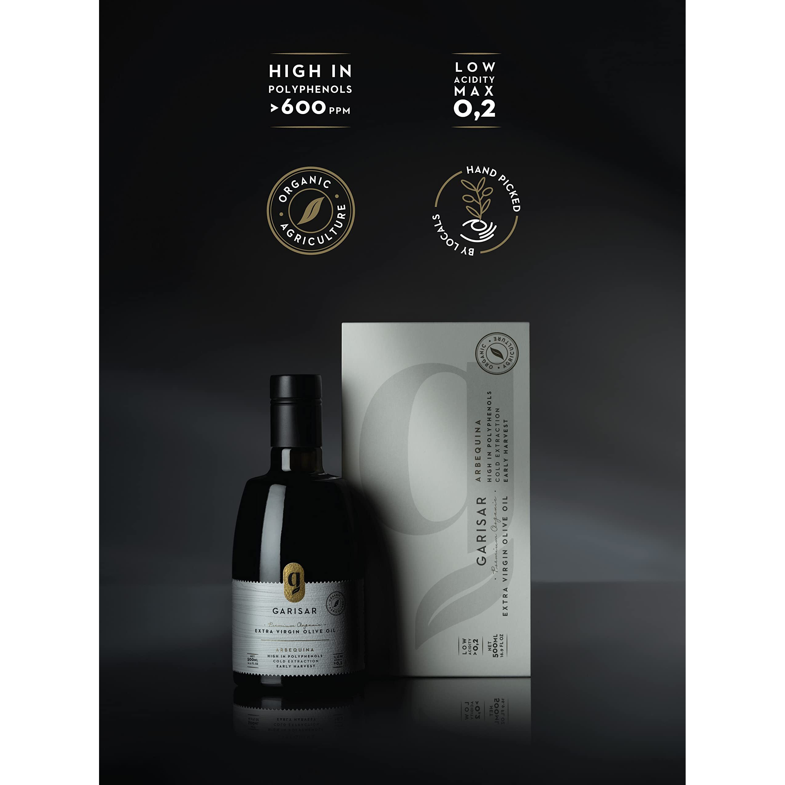 Garisar High In Polyphenol Premium Extra Virgin Olive Oil (&gt600 Ppm), Low Acidity (Max 0.2%), Nyiooc 2025 Gold Medal Winner, Organic Agriculture Hand Picked, Cold Pressed, 100% Arbequina - Pack Of 1