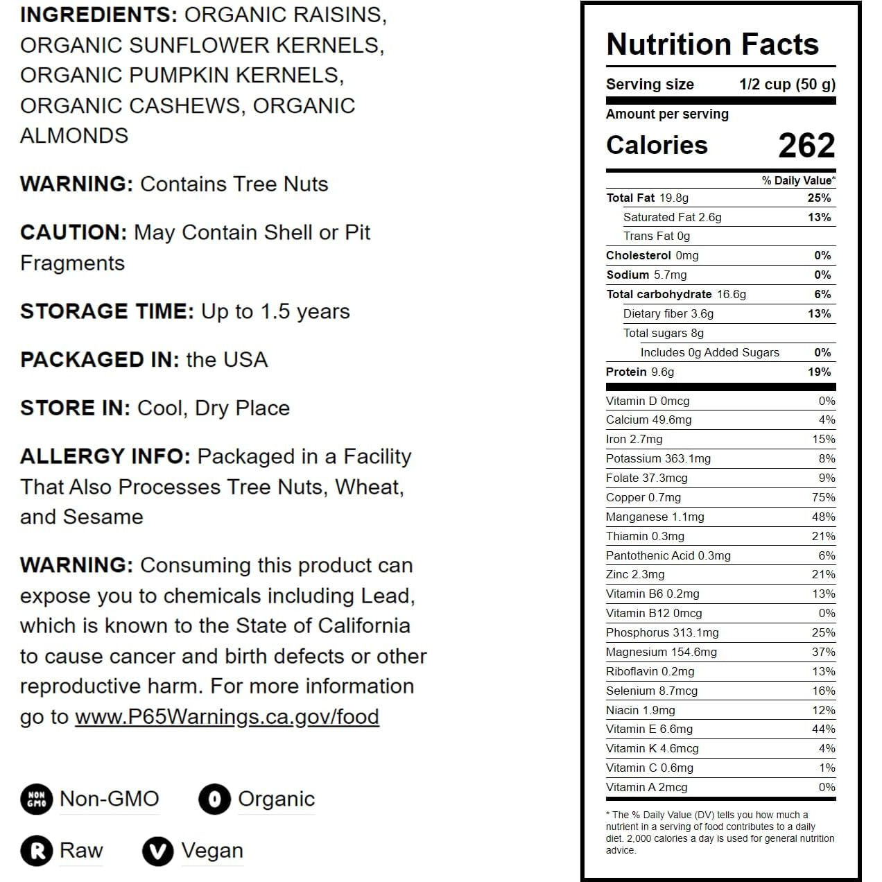 Organic Raw Seeds, Nuts And Raisins Mix, 1 Pound - Raw And Non-Gmo Trail Mix Contains Walnuts, Almonds, Cashews, Hazelnuts, And Raisins. Vegan Superfood Snack, Kosher, No Added Sugar And Oil, Bulk