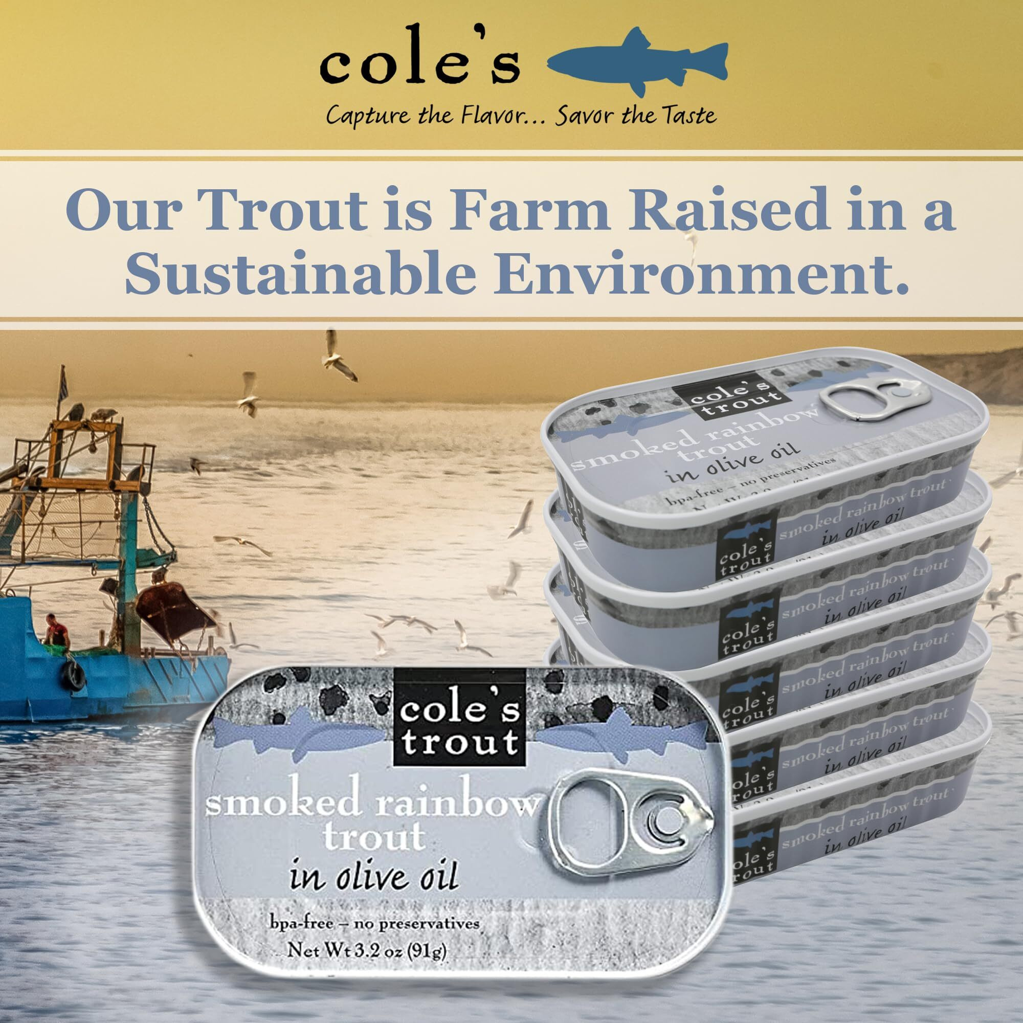Coles - Smoked Trout Fillet With Extra Virgin Olive Oil | 3.2Oz Hand-Packed Canned Fish | High In Protein & Vitamin D | Preservative Free | Pack Of 10